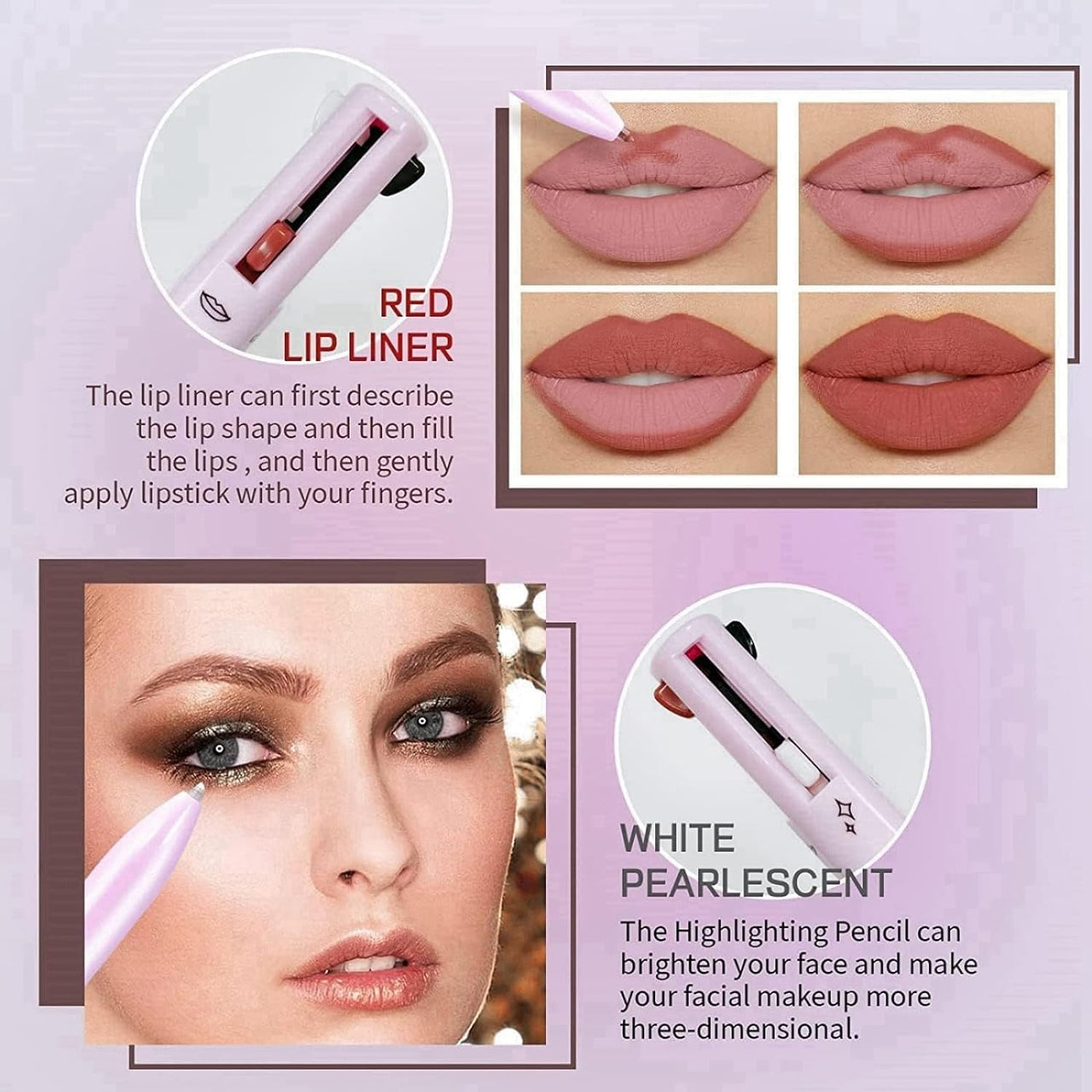 EBIZ HIVE 4in1 Makeup Pen Eye Liner Lip Liner Highlighter Eyebrow Liner All in One Makeup Pencil Waterproof Lip Color Magic Color Changing Lipstick Makeup Beauty Tool For Women For Travel.