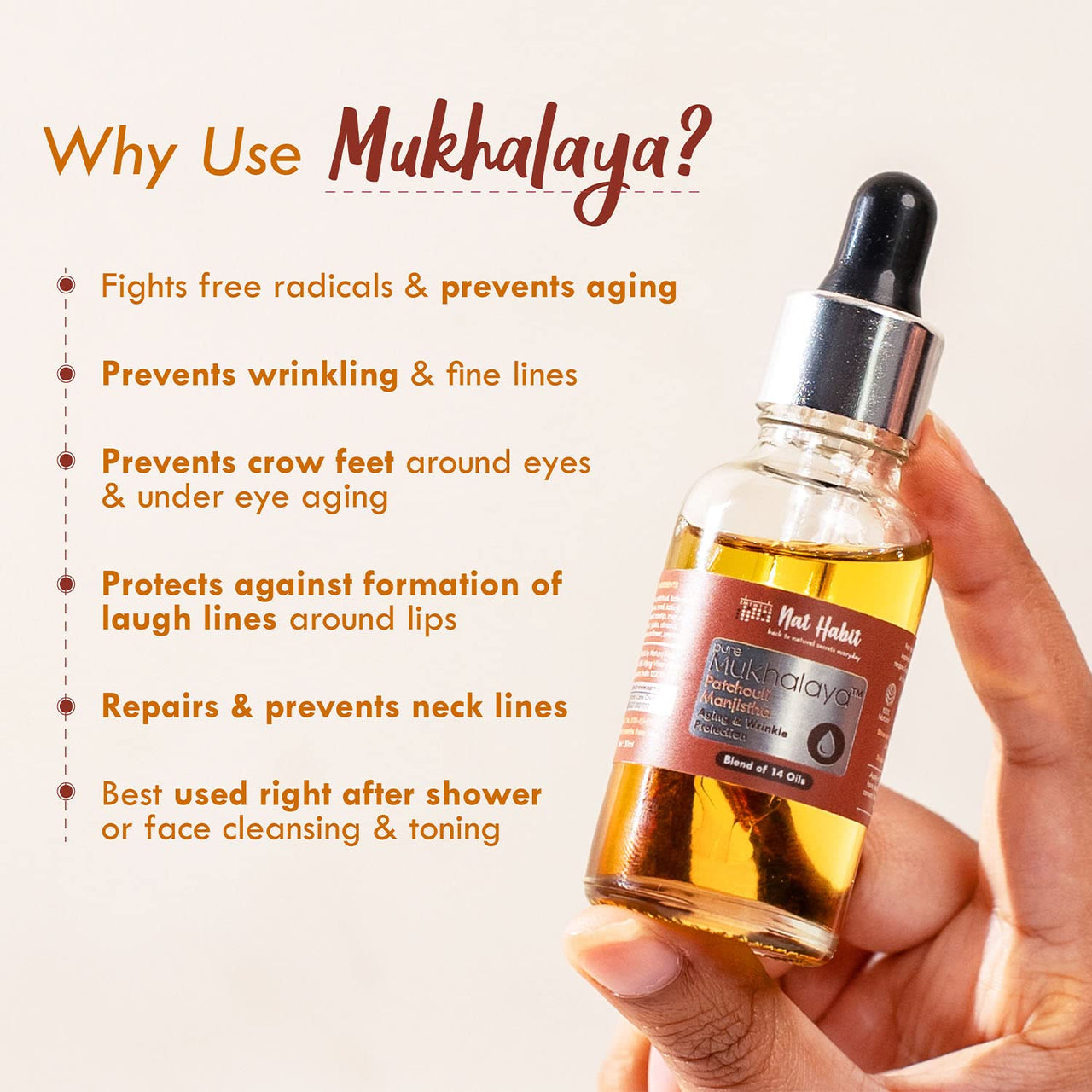 Nat Habit Patchouli Manjistha Mukhalaya, Face Oil For Aging & Wrinkle Protection with Blend of 14 Cold Pressed Oils, No Mineral Oil or Chemicals (30ml)