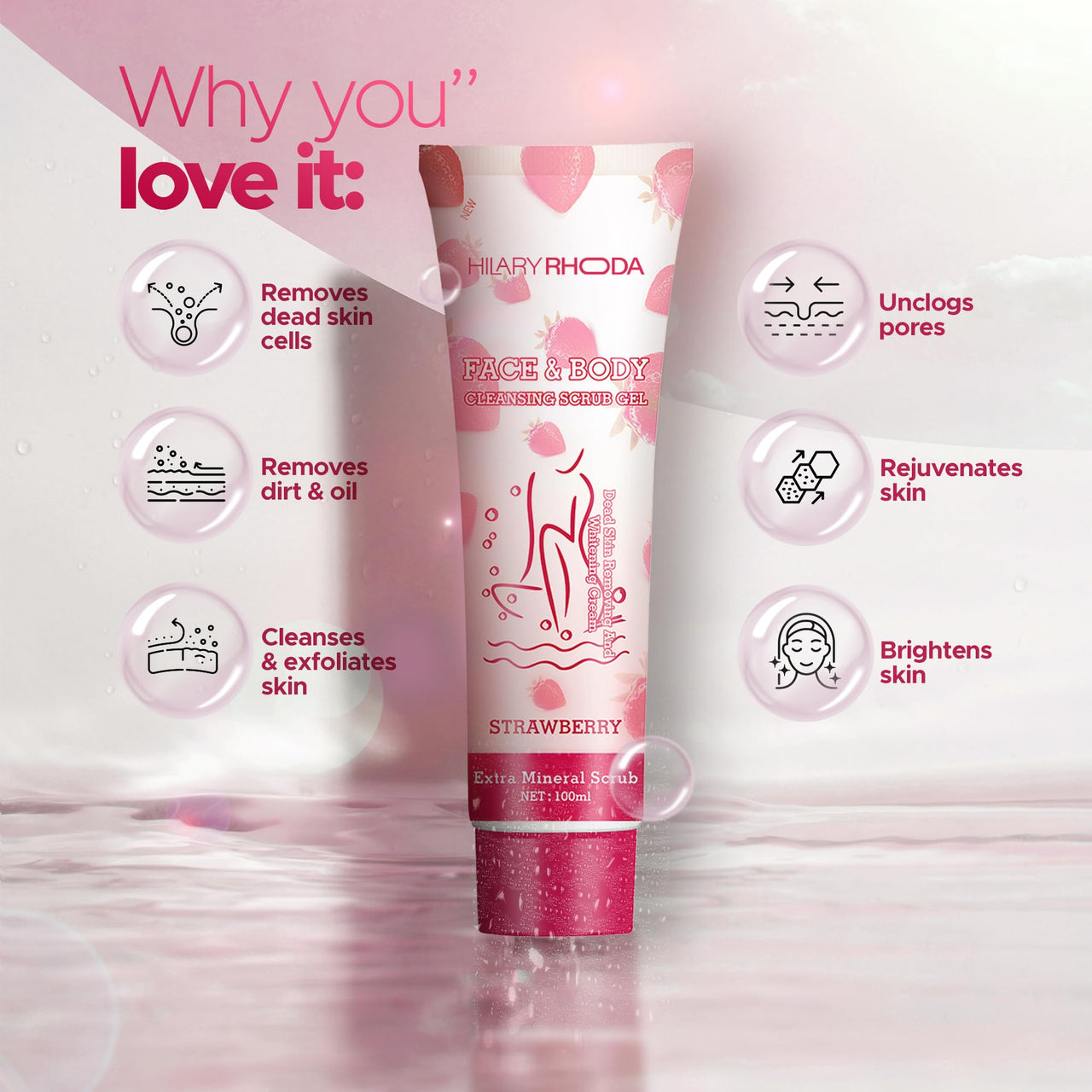 Hilary Rhoda Face & Body Cleansing Scrub Gel | Dead Skin Removing Cleansing Scrub Gel | Gently Exfoliates Skin Cells | Removes Dirt & Oil | 100ml (Strawberry -Shade 04)