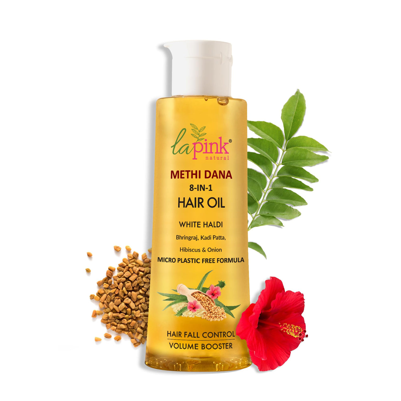La Pink Methi Dana 8-in-1 Hair Oil For Hair Growth & Thickness | Reduces Hair Fall, Dandruff & Baldness | Enriched with Hibiscus, Bhringraj, Indian Bay Leaf & Onion | 150ml