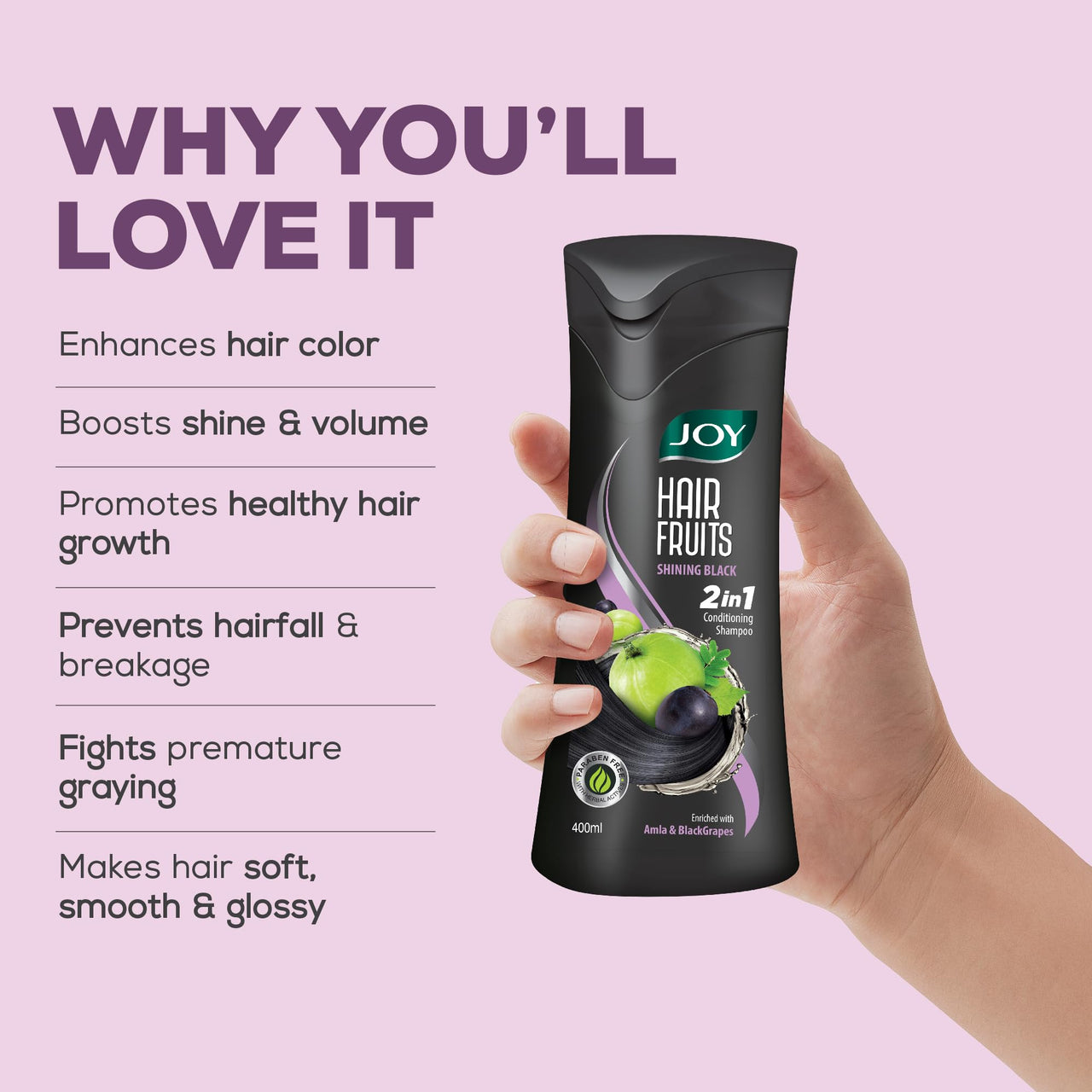 Joy Shining Black Hair Shampoo with Amla & Black Grapes (340ml x 2) | Controls Hair Fall & Stimulates Hair Growth | Paraben Free | For Men & Women
