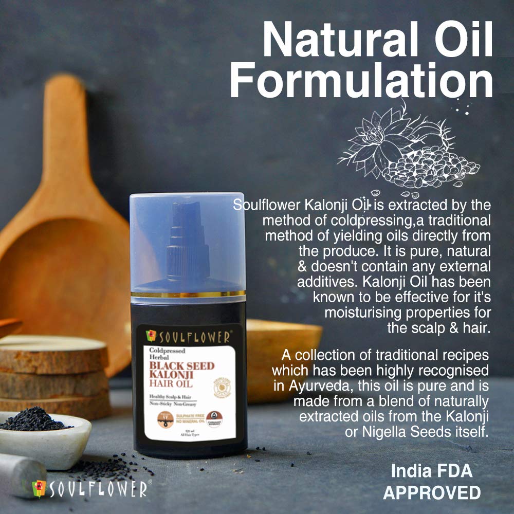 Soulflower Black Seed Kalonji Hair Oil | Hair Growth, Hair Fall Control, Scalp Health, Healthy Hair, Control Acne & Pimple for Men & Women| 100% Pure, Natural, Organic | 120ml