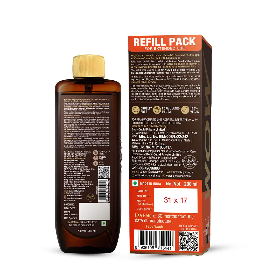 WOW Skin Science Brightening Vitamin C Foaming Face Wash | Refill Pack | Glowing, Bright Skin | Paraben & Sulphates Free | Face Wash for Women & Men | 200 ml