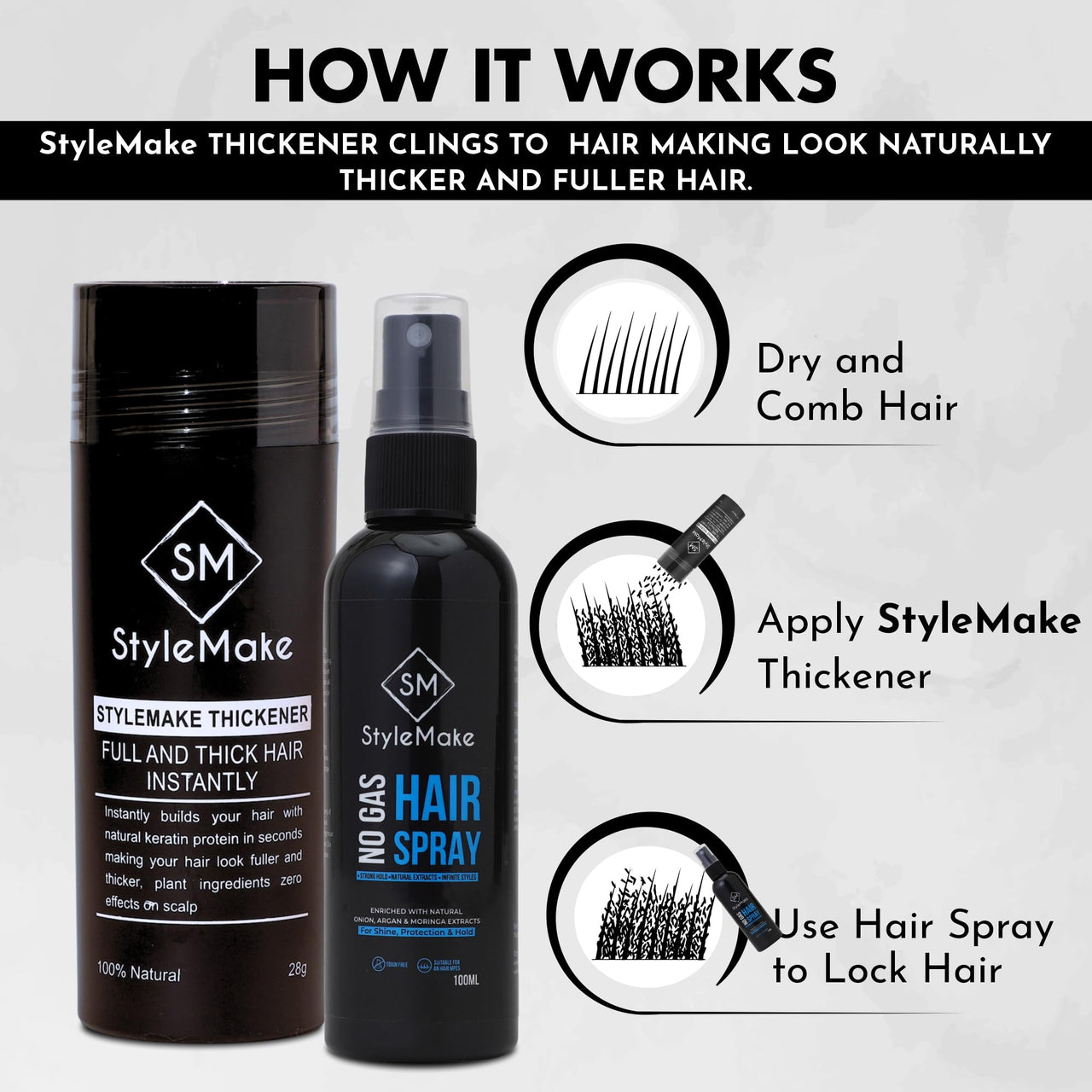 STYLEMAKE Thickener Hair Loss Concealer With Hair Spray - Hair Building Fibers 28Gm - Hair Fibers For Thin & Fine Hair - Hair Thickening Fibers For Men & Women's- Combo Pack (Dark Brown) - 28 Grams