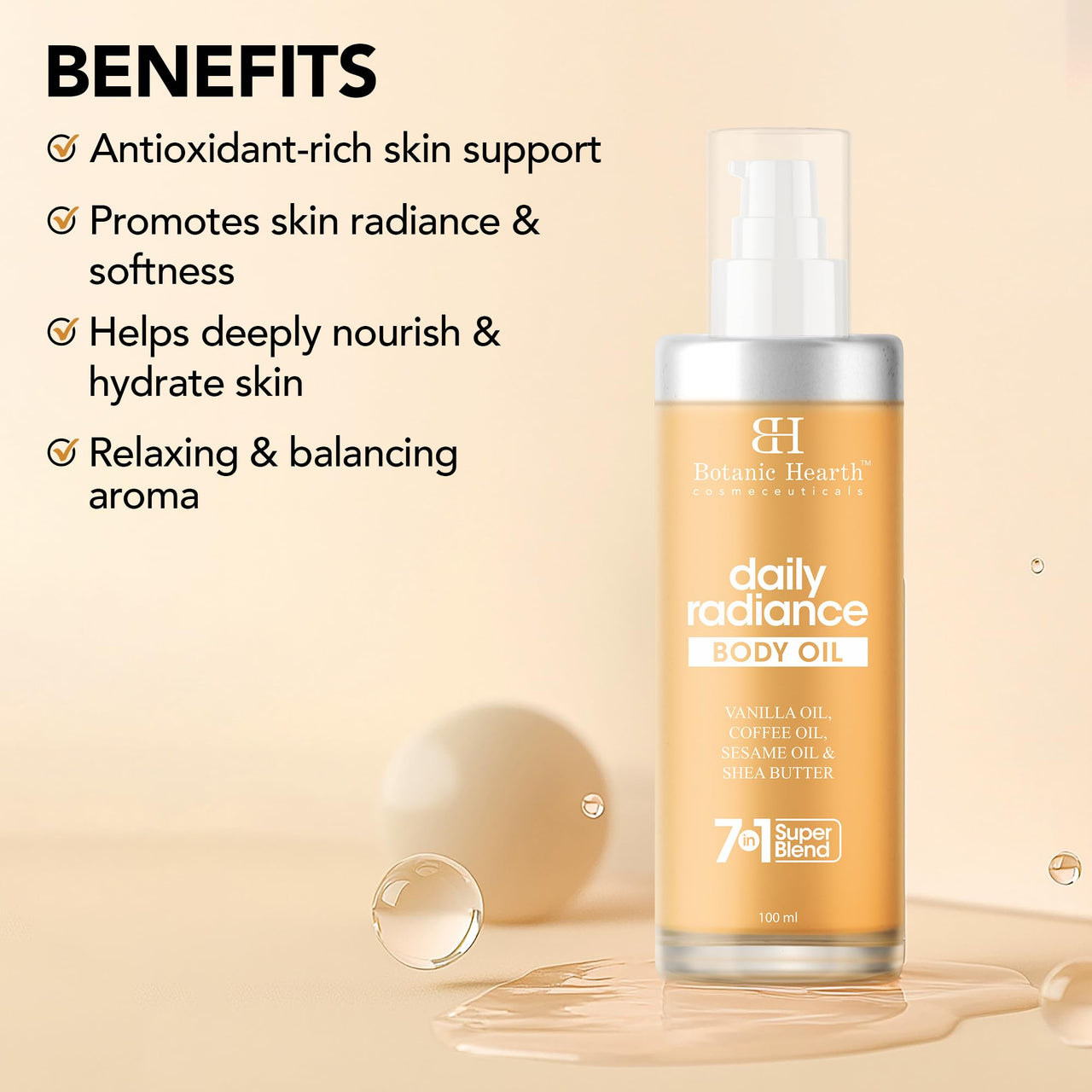 Botanic Hearth Daily Radiance Body Oil 100 ml - Lightweight Hydrating Oil with Vanilla, Coffee, Sesame Oil & Shea Butter for Glowing Skin for Men & Women - in a Premium Glass Bottle