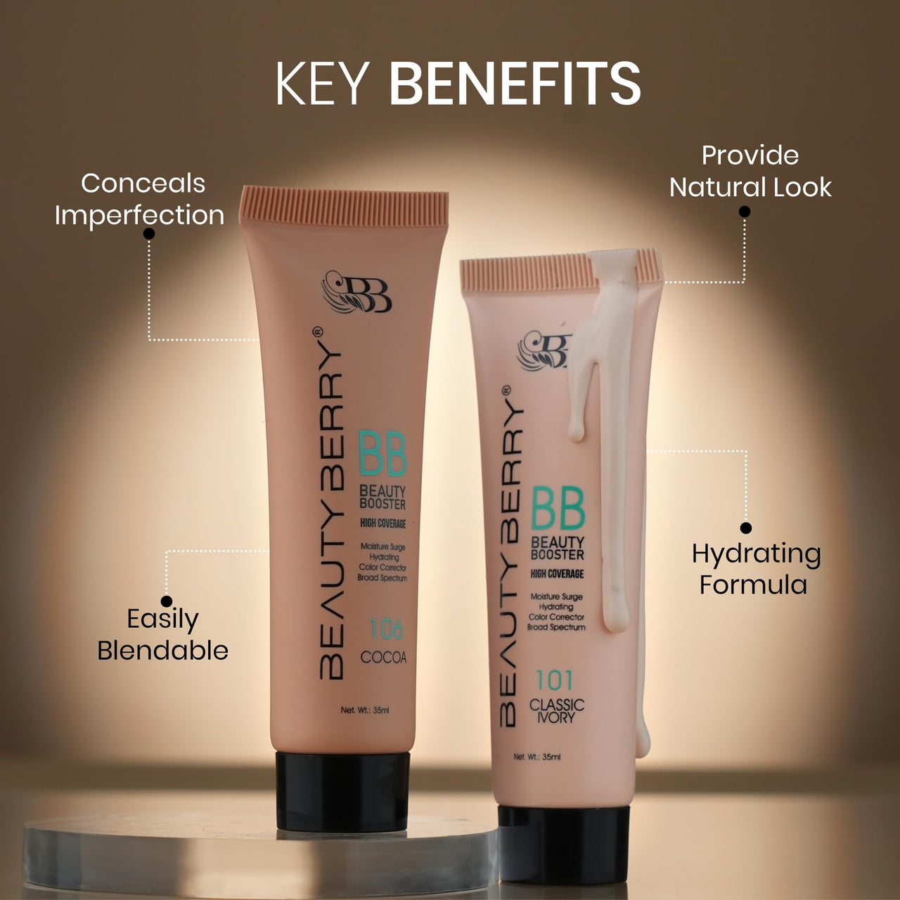 Beauty Berry Beauty Booster High Coverage Foundation | Lightweight Natural Finish | Easily Blendable | Long Lasting Liquid Foundation for Women (Cocoa, 35ml)