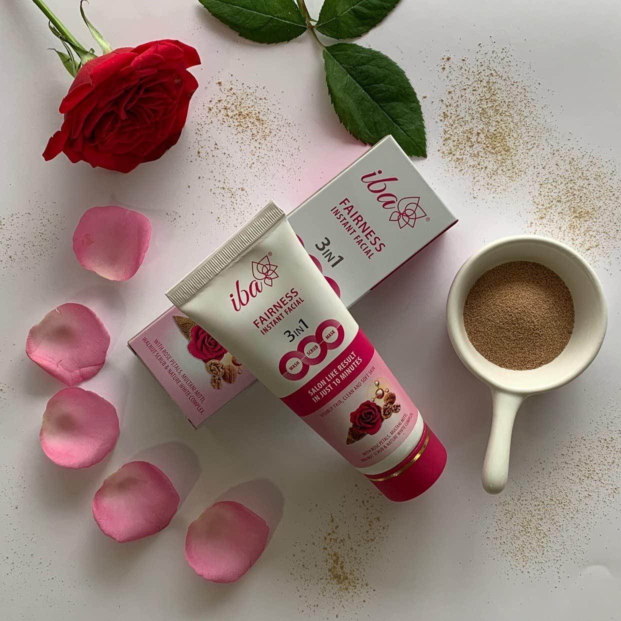 Iba 3in1 Wash, Scrub, Mask Fairness Instant Facial 100g with Rose Petals, Multani Mitti & Walnut For Scrub, Removes Tan, Fairness & Brightens Skin, Gives Instant Glow | Halal Certified & Vegan