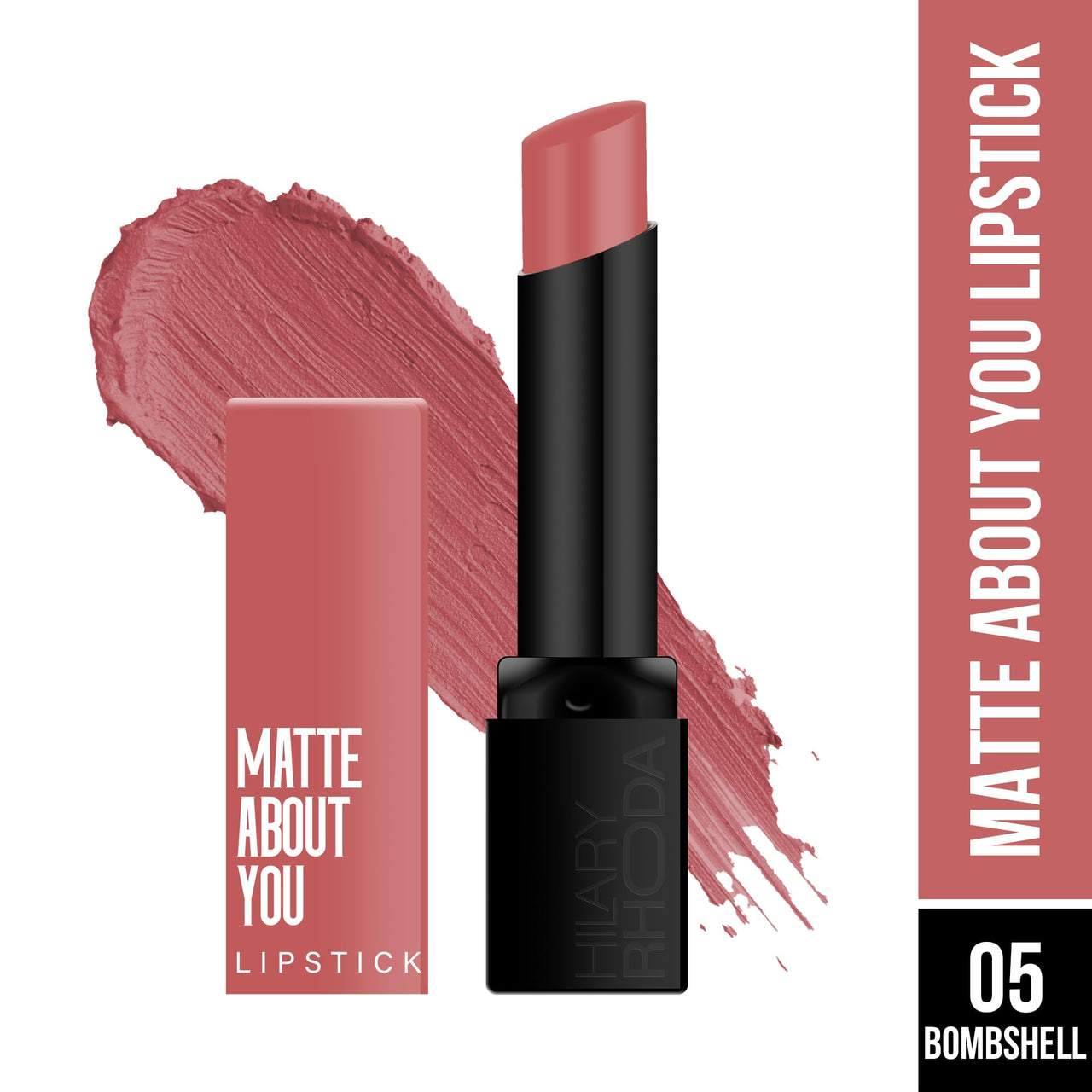Hilary Rhoda Matte About You Lipstick | Long Lasting & Highly Pigmented Lipstick | Glides Smoothly | Matte Finish | One Stroke Application | Cruelty-Free & Vegan - 3g (Bombshell - Shade 05)