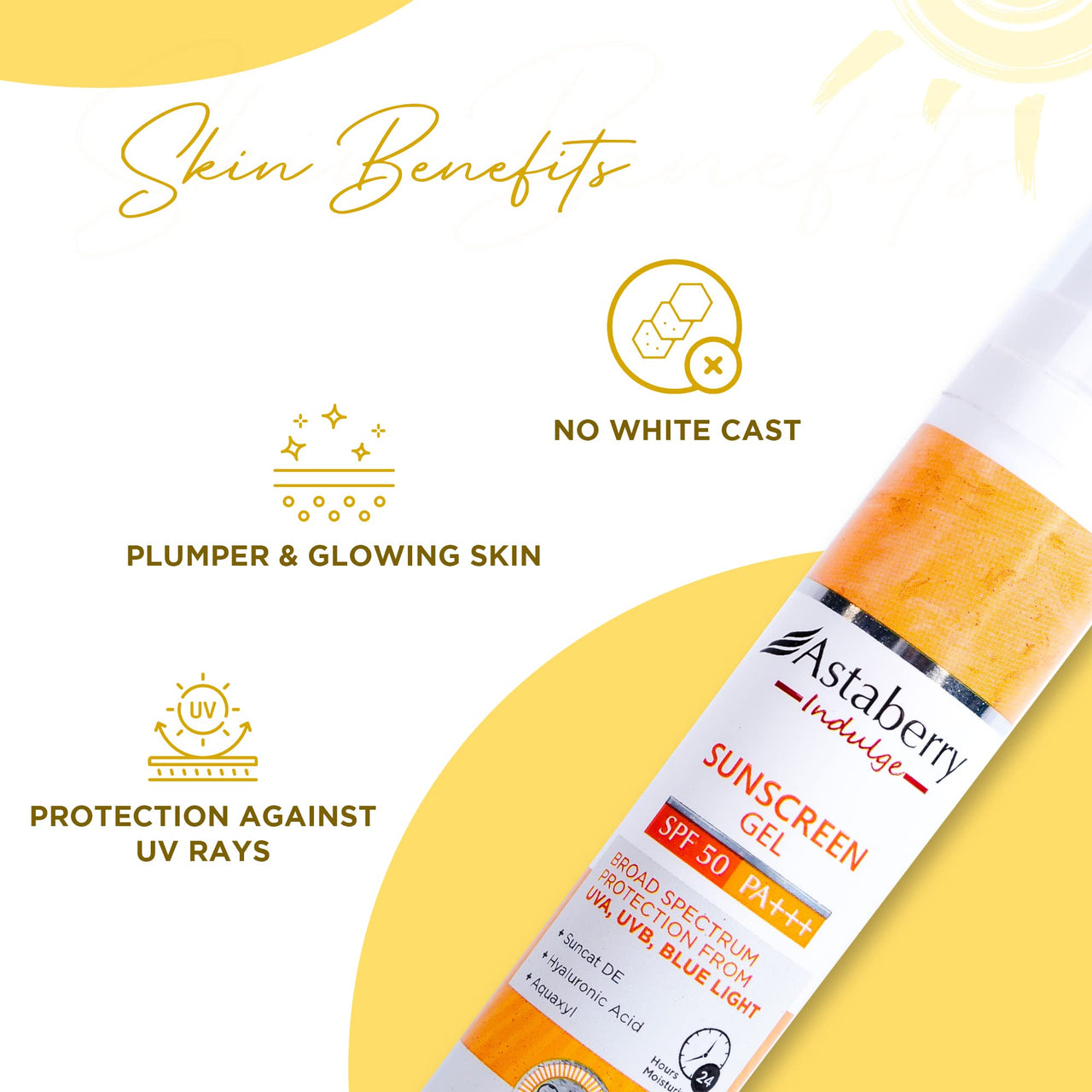 ASTABERRY Indulge Sunscreen Gel Suitable for All Skin Types SPF 50 PA+++ |Broad Spectrum Protection From UVA/B & Blue Light| Suncat DE & No White Cast | Light Weight & Non Greasy- 50G