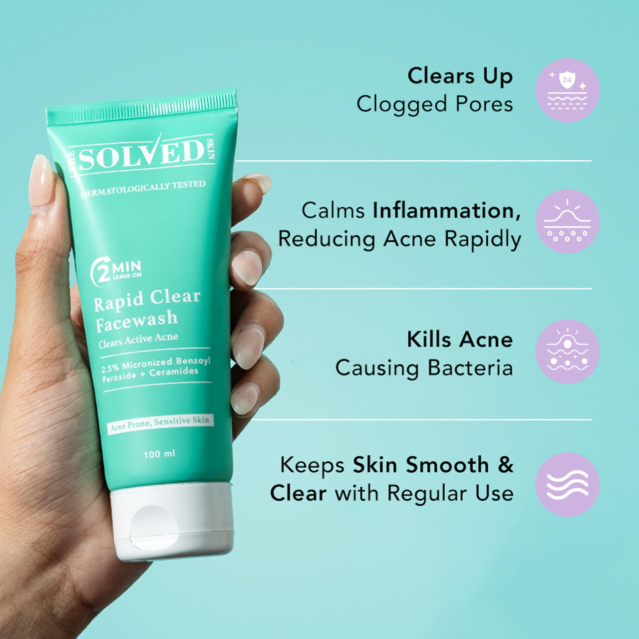 THE SOLVED SKIN India's 1st Dermatologically Tested Acnewash With Patented Micronized Benzoyl Peroxide. Kills 99% Acne Causing Bacteria, & Calms Inflamed Pimples in 4 Days. Normal to Oily Skin. 100ml (1, 100ml (Pack of 1))