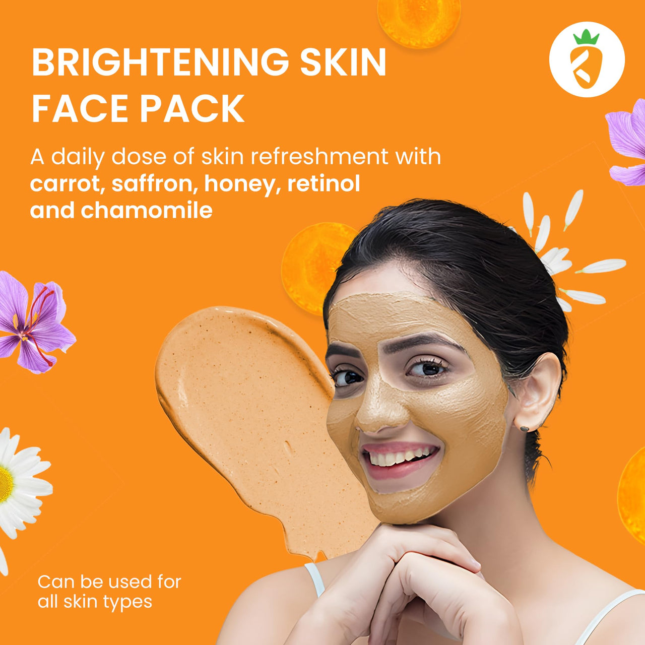 Karrot Natural Skincare Carrot Face Pack for Brightening Skin, Carrot Nourishing Facial Pack, Enhances Complexion and Evens Tone, Contains Retinol, Squalane, Honey and Shea Butter, For Women and Men, All Skin Types, 100 gms