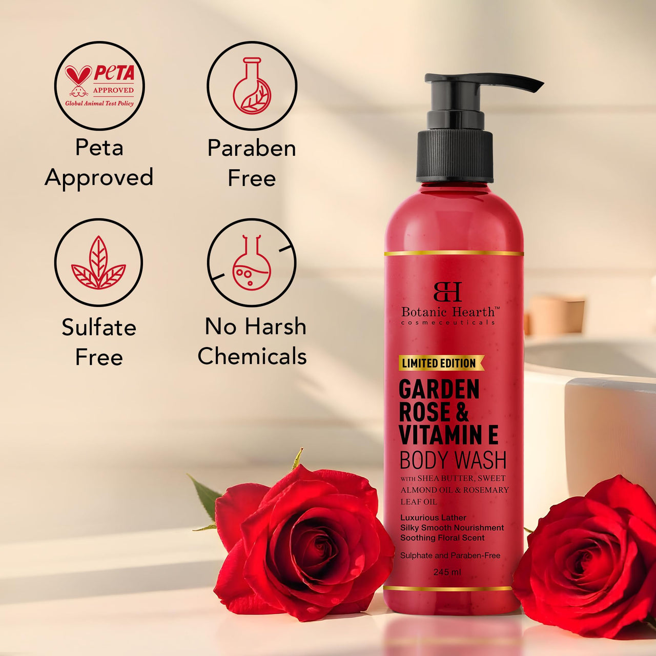 Botanic Hearth Garden Rose Body Wash with Shea Butter & Vitamin E | Moisturizing Body Wash Shower Gel for Softer, Smoother Skin | Sulfate & Paraben Free | for Women & Men | 245ml