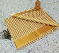 YETTALAN® Women's  Cotton Saree Kerala Traditional Kasavu Saree with Running Blouse (Small Checked)