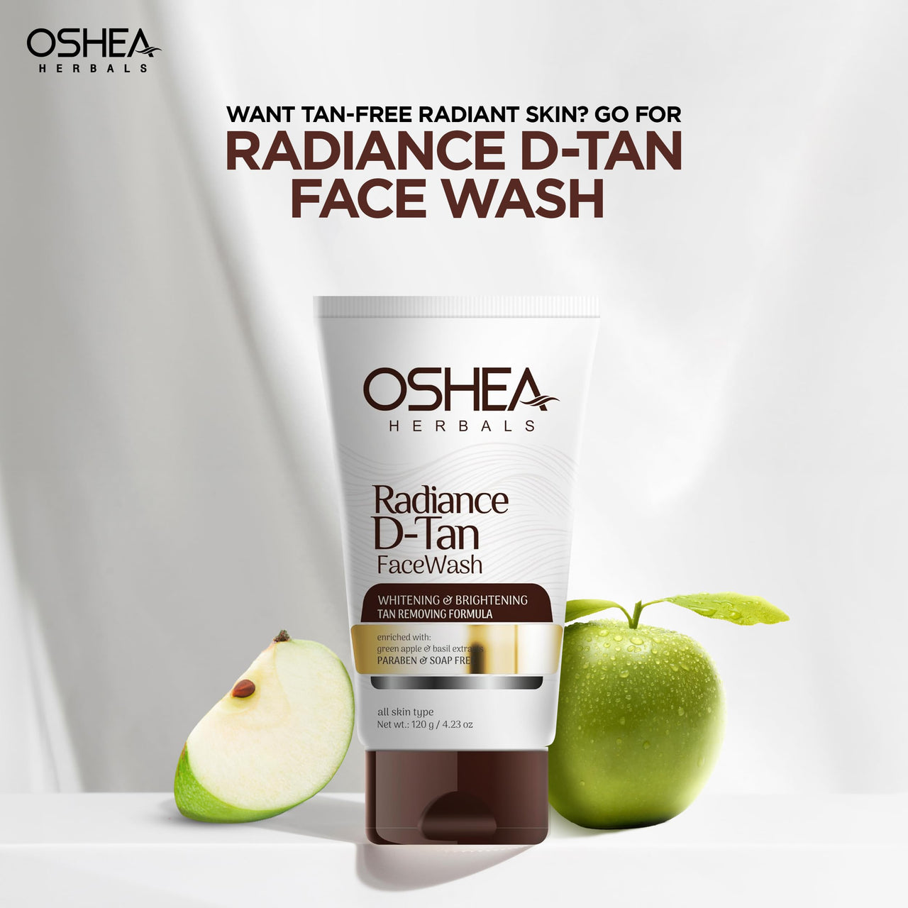Oshea Herbals Radiance DTan Facewash for All Skin Types | Tan Removal Formula with Brightening Formula | Enriched with Green Apple & Basil Extract | Paraben & Soap Free 50g