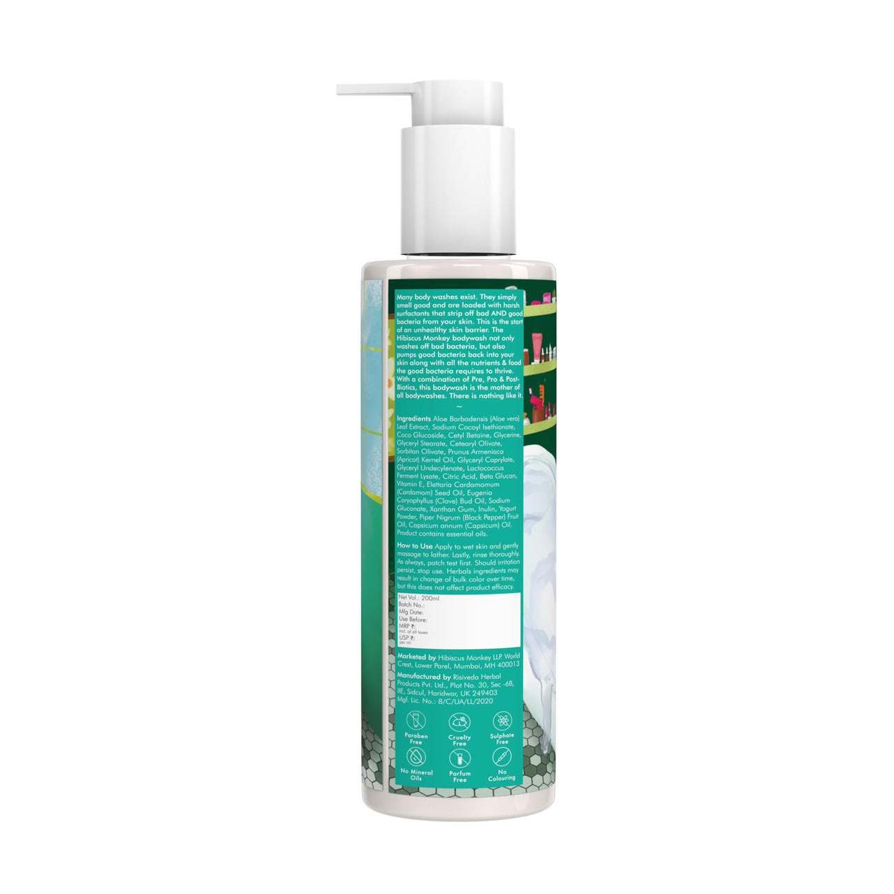 HIBISCUS MONKEY Probiotics Body Wash|100% Plant Derived|Sensitive Skin Friendly, Dermatologist Tested, Ph Balanced|Artificial Fragrance Free, No Synthetic Surfactants, No Sles/Sls, Paraben Free|200Ml