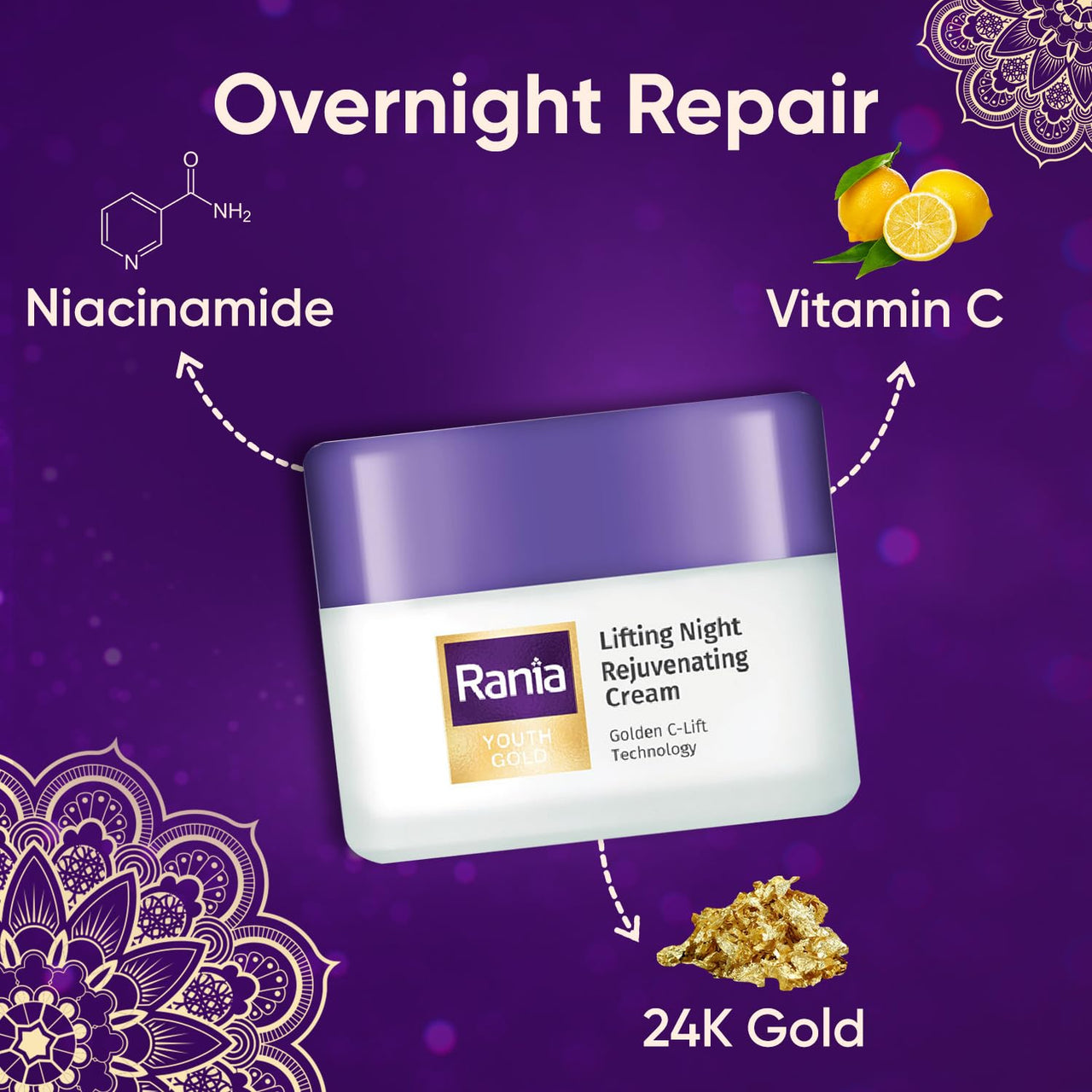 Rania Hydrating Rose water toner Free with Rania Night Cream with Vitamin C, 24K Gold, Niacinamide