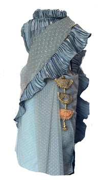 Aglare Girl's  Pre-Stitched Saree Wrinkled Blouse Wd Embossed Net with Beautiful Lakan