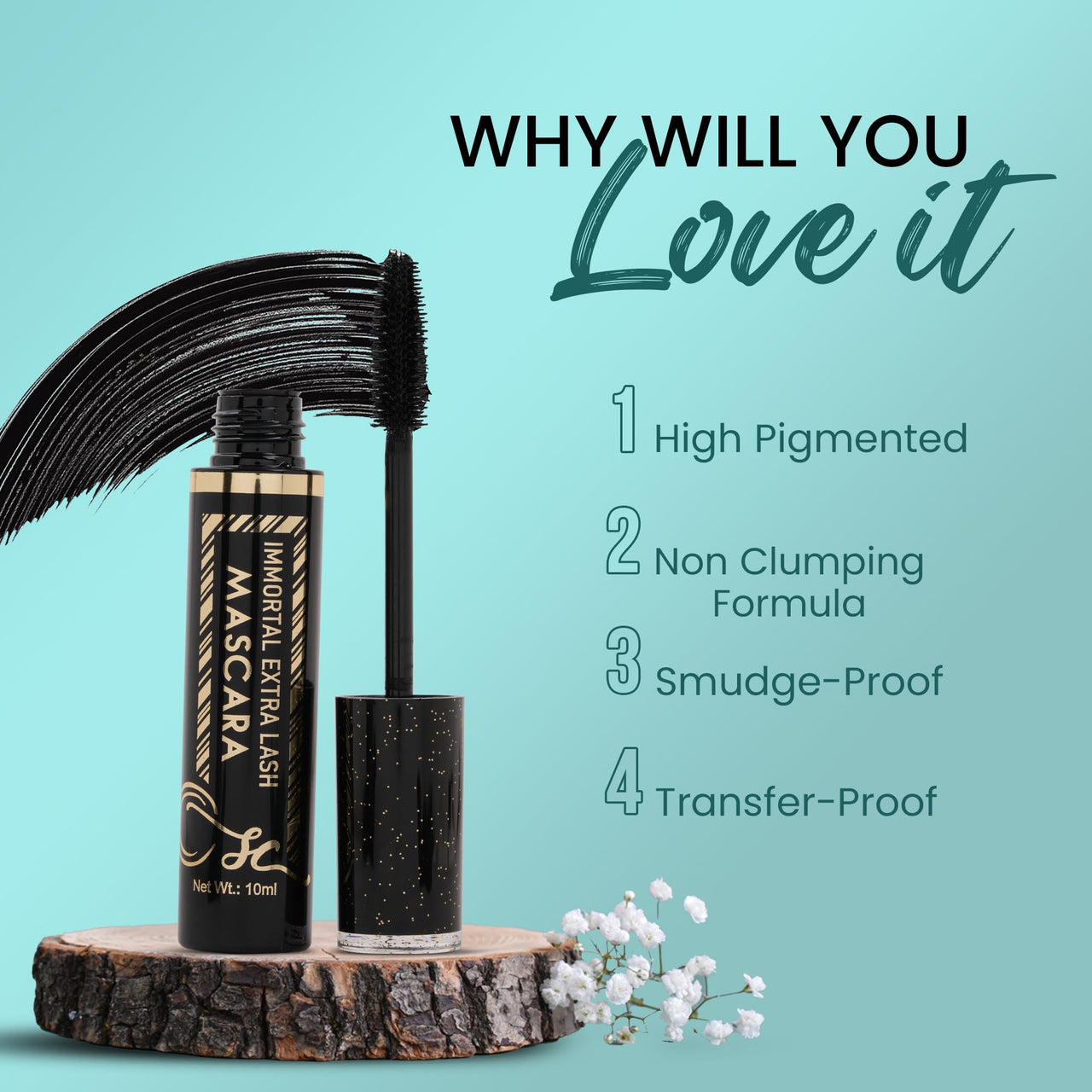 Shryoan Immortal Extra Lash Mascara | Long Lasting | Smudge Proof | Waterproof, For Volumizing Lashes (10ml)