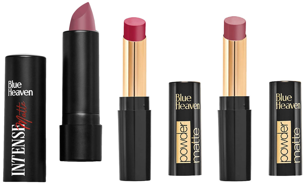 Blue Heaven Powder Matte Lipstick Mahogany Moments & Blue Heaven Intense Matte Lipstick, Plum Desire, 310, 4 gm & Blue Heaven Powder Matte -Brick Beauty, B01, 3.5 gm