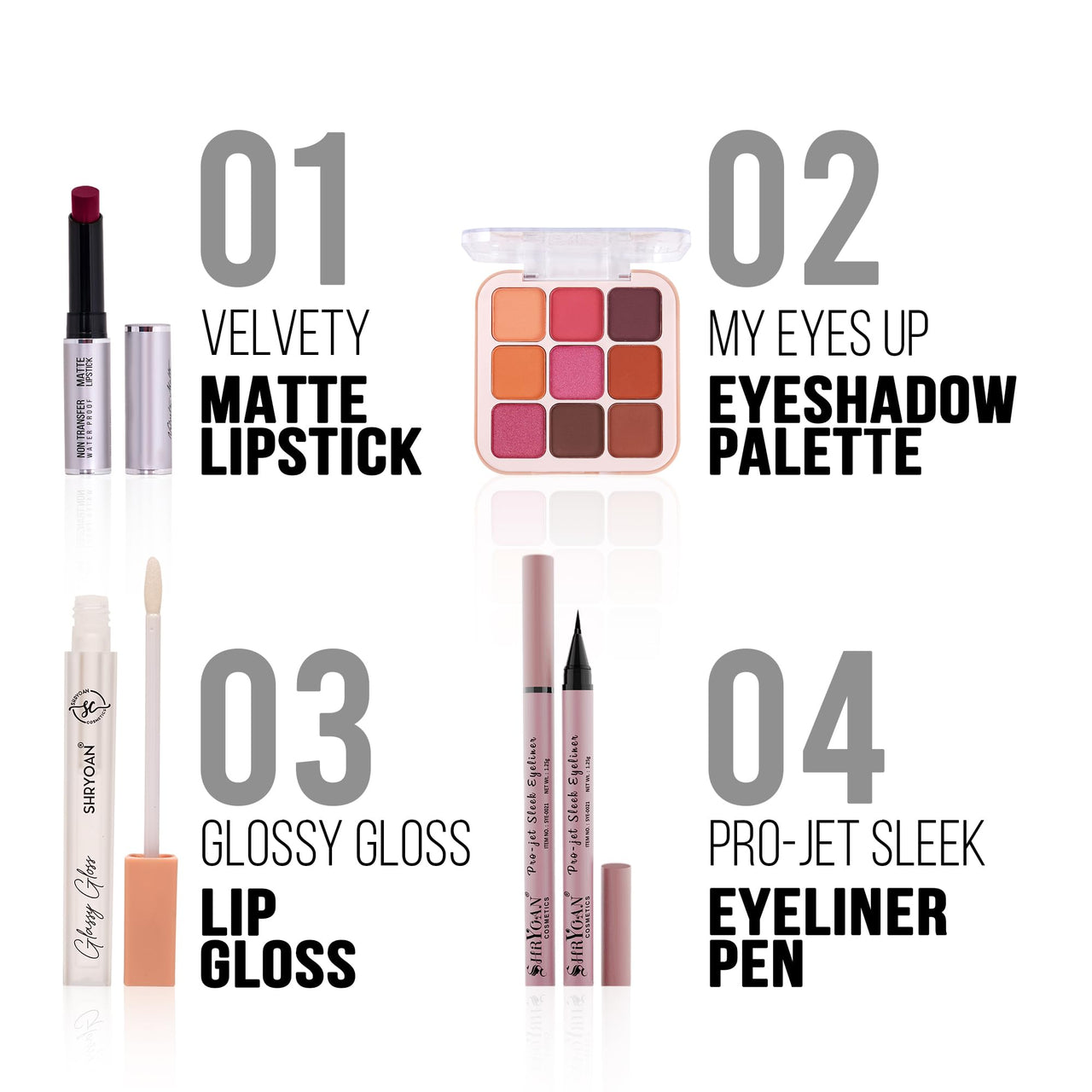 SHRYOAN Makeup Combo Set | Matte Lipstick, Eye-Liner, Lip Gloss & Eyeshadow Combo Kit | Long Lasting, For All Skin Types | 100% Vegan & Cruelty-Free (4 Items Makeup Combo in the One Set)