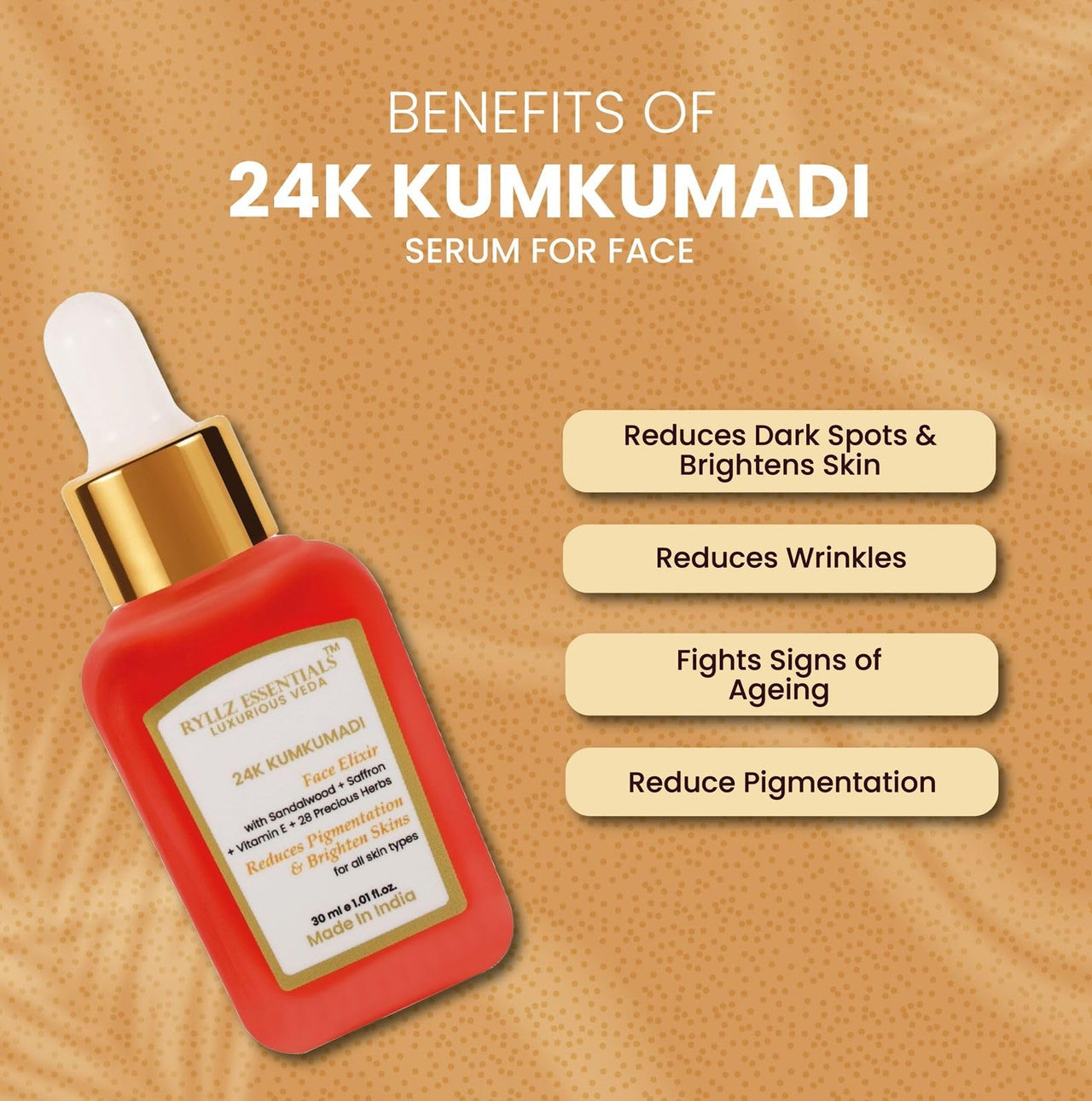 RYLLZ ESSENTIALS 24K Kumkumadi Elixir | Kumkumadi Tailam with 24K Gold, Red Sandalwood, Saffron & 28 Precious Herbs | for Dull Skin, Wrinkle, Dark Spots & Pigmentation | 30ML