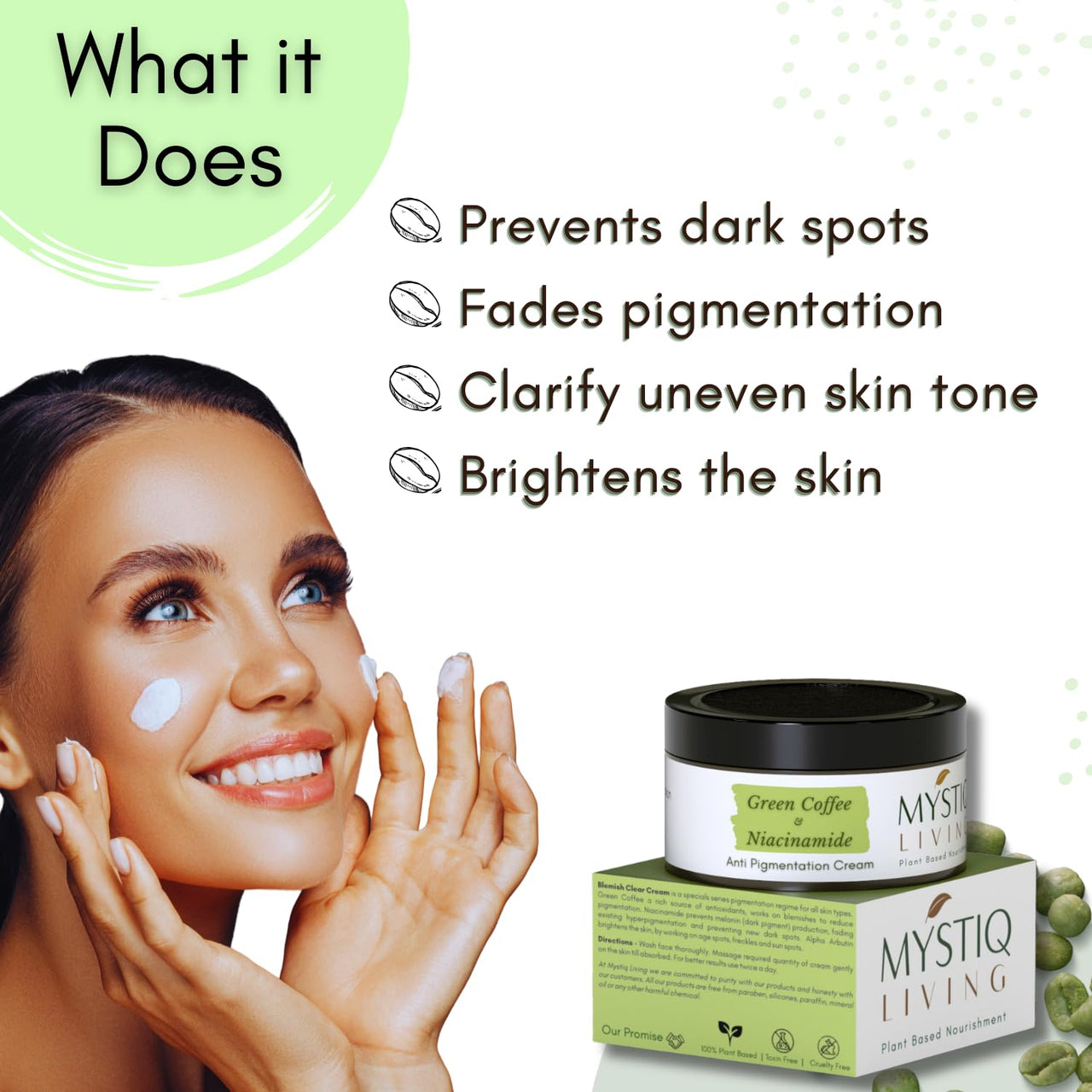 Mystiq Living Pigmentation Cream With Alpha Arbutin, Kojic Acid, Retinol & Niacinamide | Green Coffee Blemish Clear Cream for Dark Spots on Face - 50GM | Men & Women