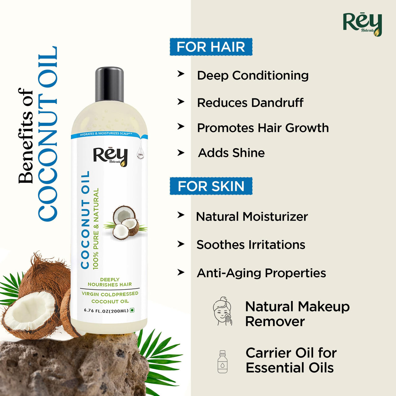 Rey Naturals Cold Pressed Castor Oil & Virgin Coconut Oil For Hair Growth - 200ml×2 | Coconut Oil For Skin Care | Castor Oil For Skin, Eyelashes & Eyebrows | Non Comedogenic Hair Oil For Hair Growth