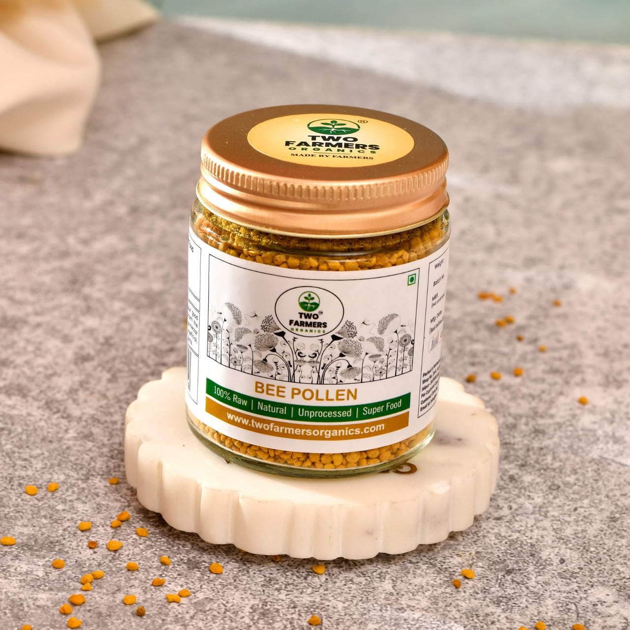 Two Farmers Organics Bee Pollen 100% Raw & Unprocessed – Natural Plant-Based Protein – 100g (Glass Jar)