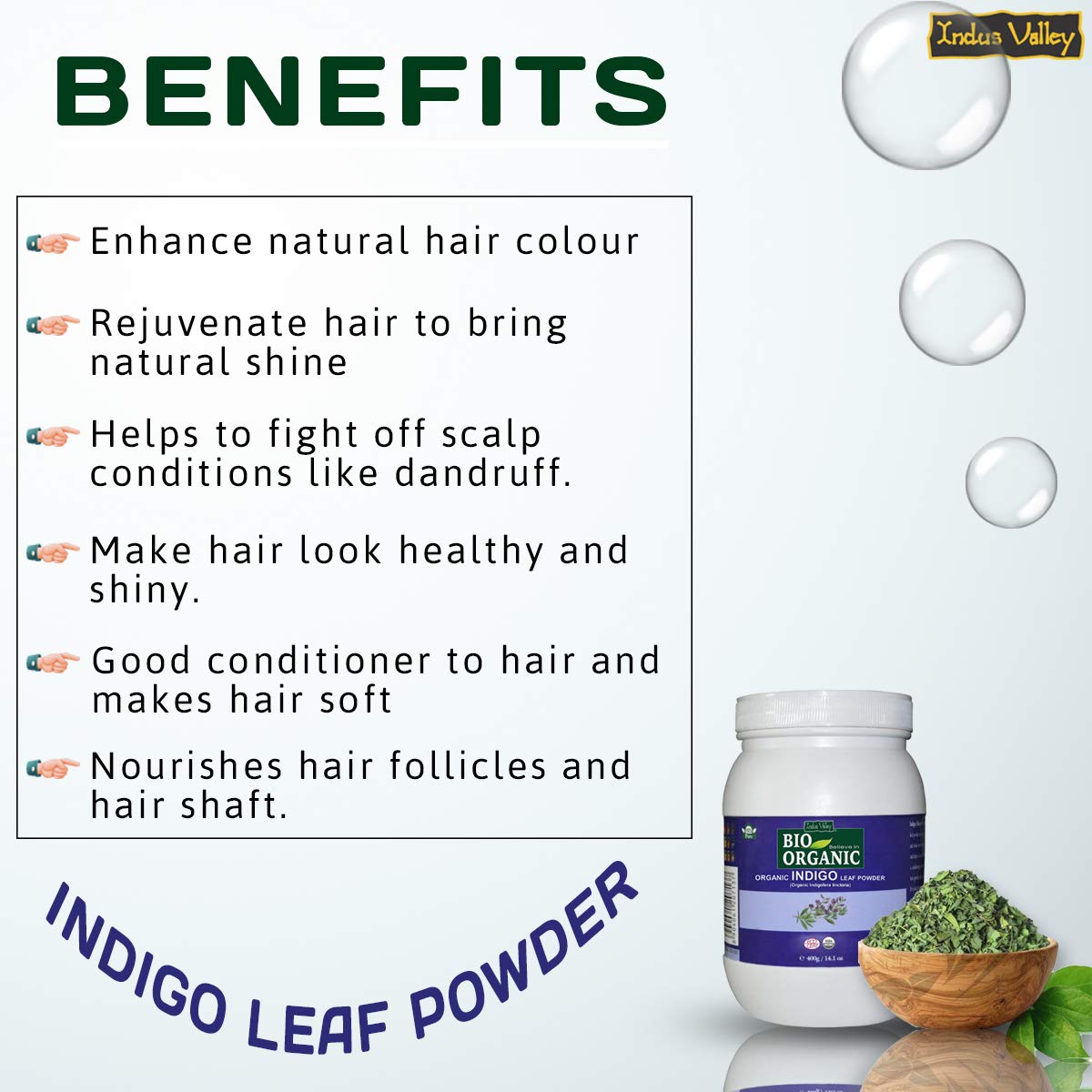 INDUS VALLEY 100% Organic Indigo Leaf Powder Jar 400g with Herbal Henna Powder Jar - 500g (400g+500g = 900g)