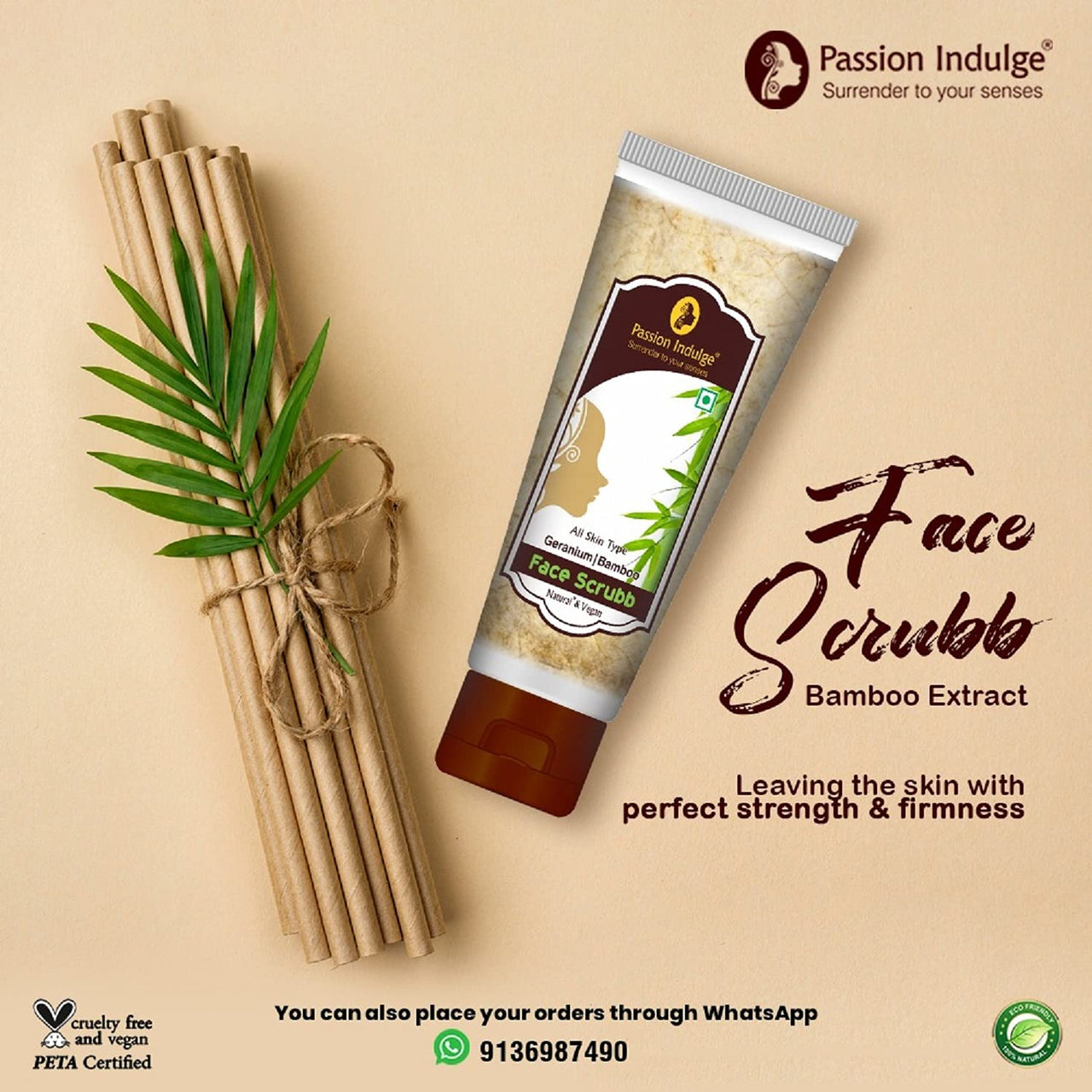 Passion Indulge Bamboo Face Scrub for Dirt, Blackheads and Acne Removal - 60gm | Remove Dead Skin Cells | Tan Removal | Glowing Skin | Deep Pore Cleansing | All Skin Types | Paraben & Sulphate Free | Vegan | Peta Certified.