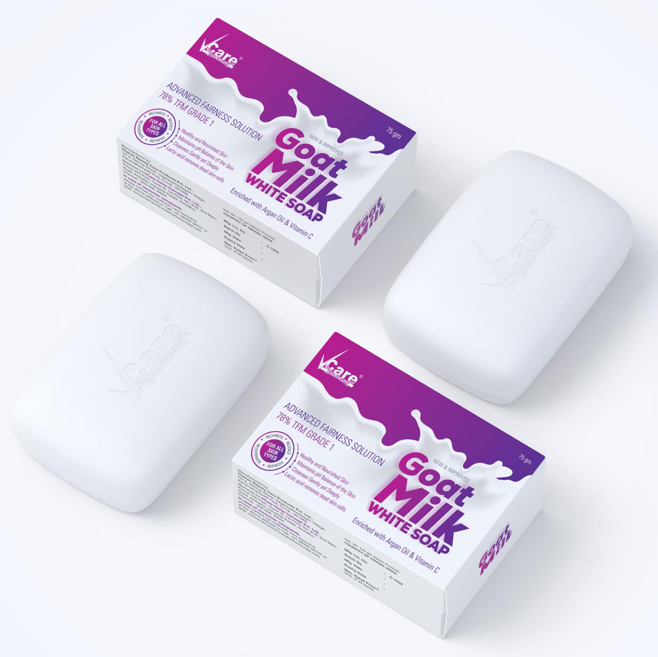 VCare Goat Milk Soap For Women & Men with Vitamin C Argan Oil for Deep Exfoliation and provides hydration | Sulfate & Paraben Free Bathing Soap Bar - 75 gms (Pack of 3)