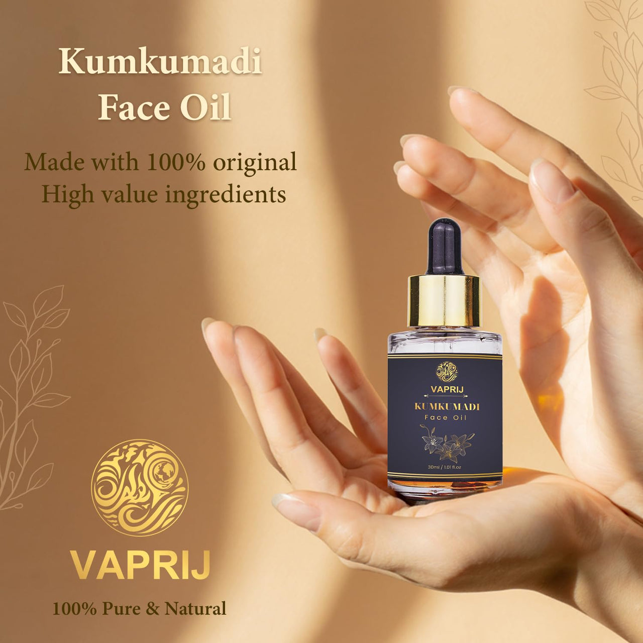 Vaprij Kumkumadi Tailam, Ayurvedic Face Oil, Saffron and 25 Herbs, Skin Brightning, Reduces Pigmentation, Dark Spots, Fine Lines, All Skin Types