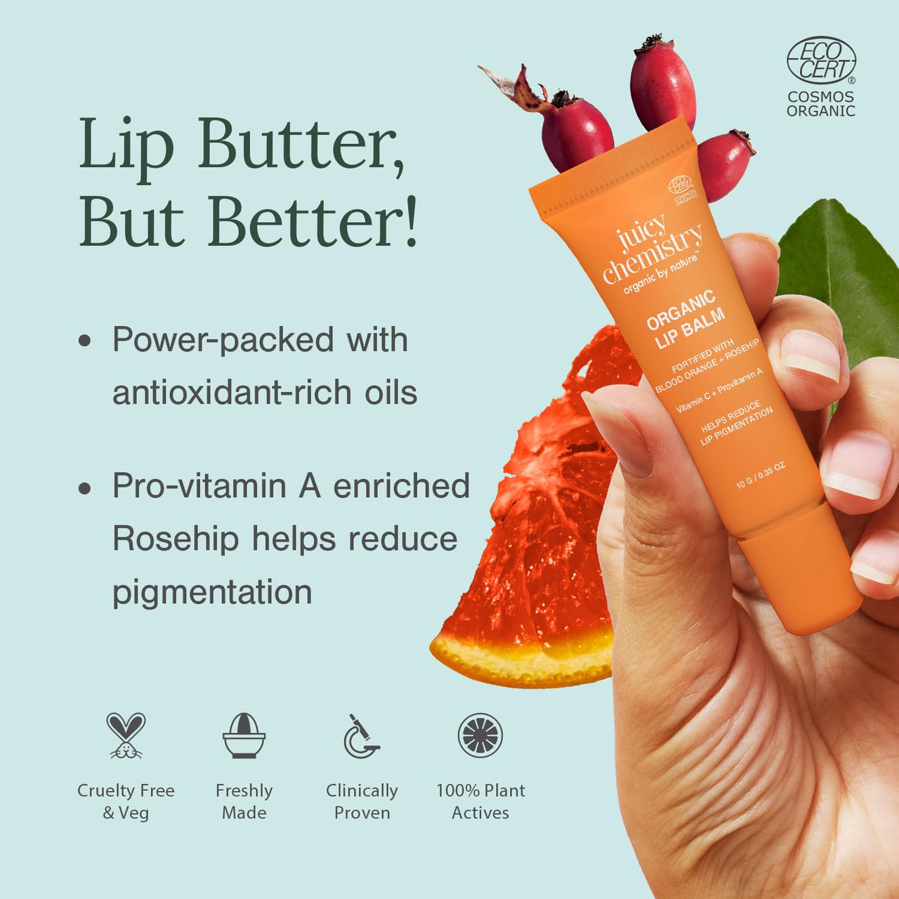 Juicy Chemistry Blood Orange & Rosehip Lipbalm, 10 g | Organic Lip Balm for Dark, Pigmented, Dry & Chapped Lips | Enriched with Vitamin A, C, E & Ceramides | Clinically Tested | For Men, Women & Kids