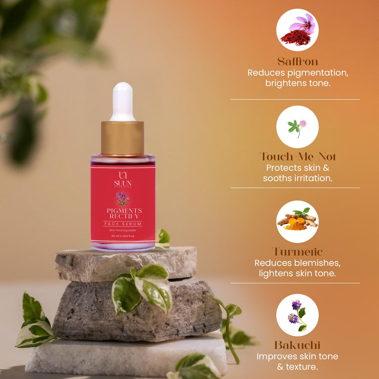 Suun Ayurveda Pigmentation & Dark Spot Night Serum | Reduces Melasma, Acne Marks, Pigmentation & Tan | 5% Bakuchiol, Saffron, Turmeric, Moringa & Vitamin C | Lightweight & Non-Sticky Face Serum for Men & Women | 30ml