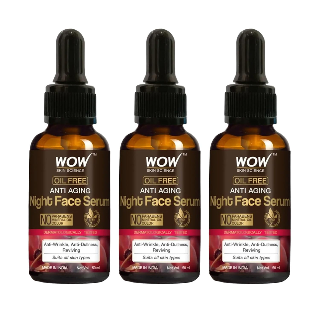 WOW Skin Science Anti Aging Night Face Serum|OIL FREE|Anti Wrinkle, Anti Dullness, Reviving|No Parabens, Silicones & Color|50mL|Pack of 3