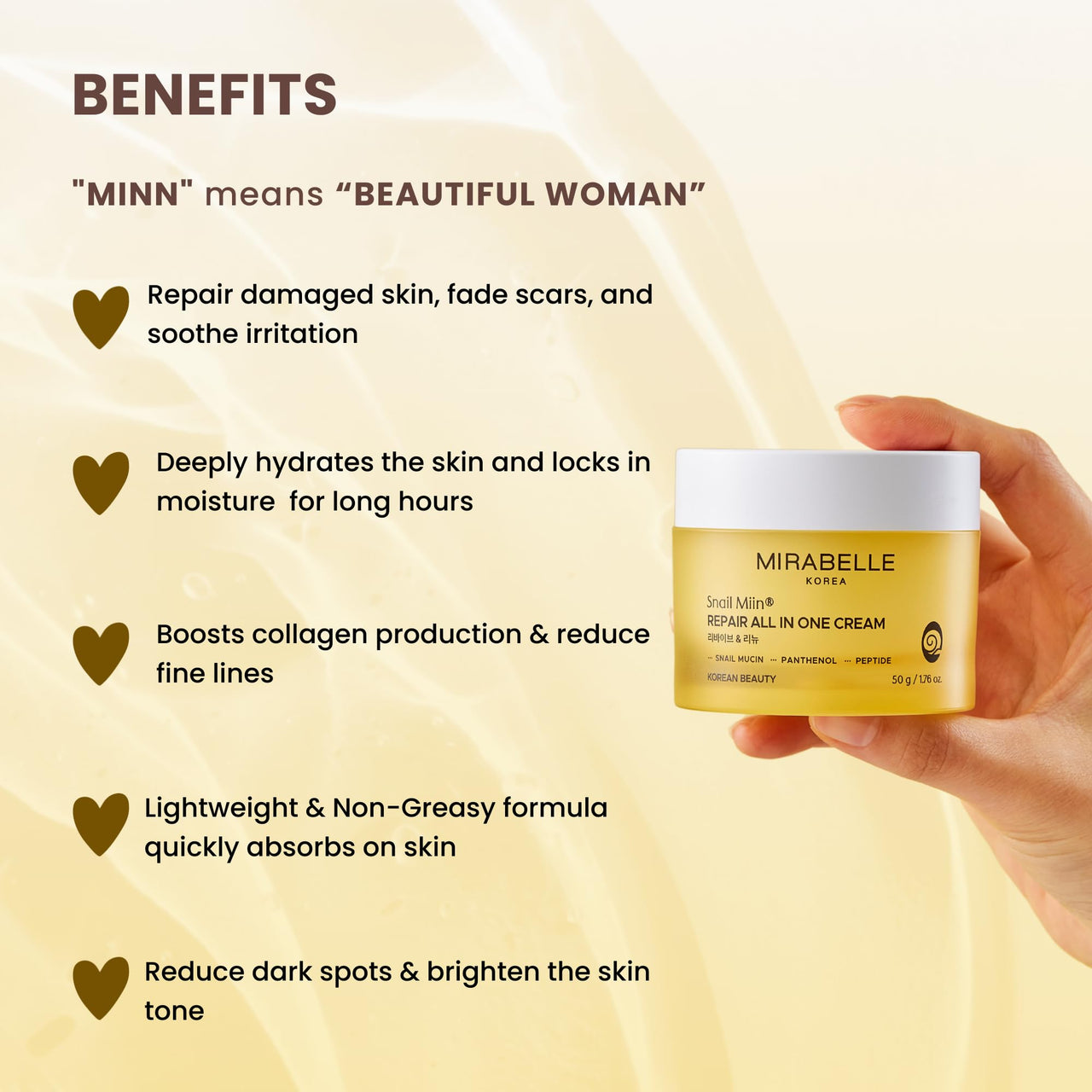 Mirabelle Korea Snail Repair All-In One Moisturizing Cream With Peptides | For Skin Repair, Anti-Aging & Fades Dark Spots | Lightweight, Non-Greasy | Korean Skin Care Products | For All Skin Types 50g