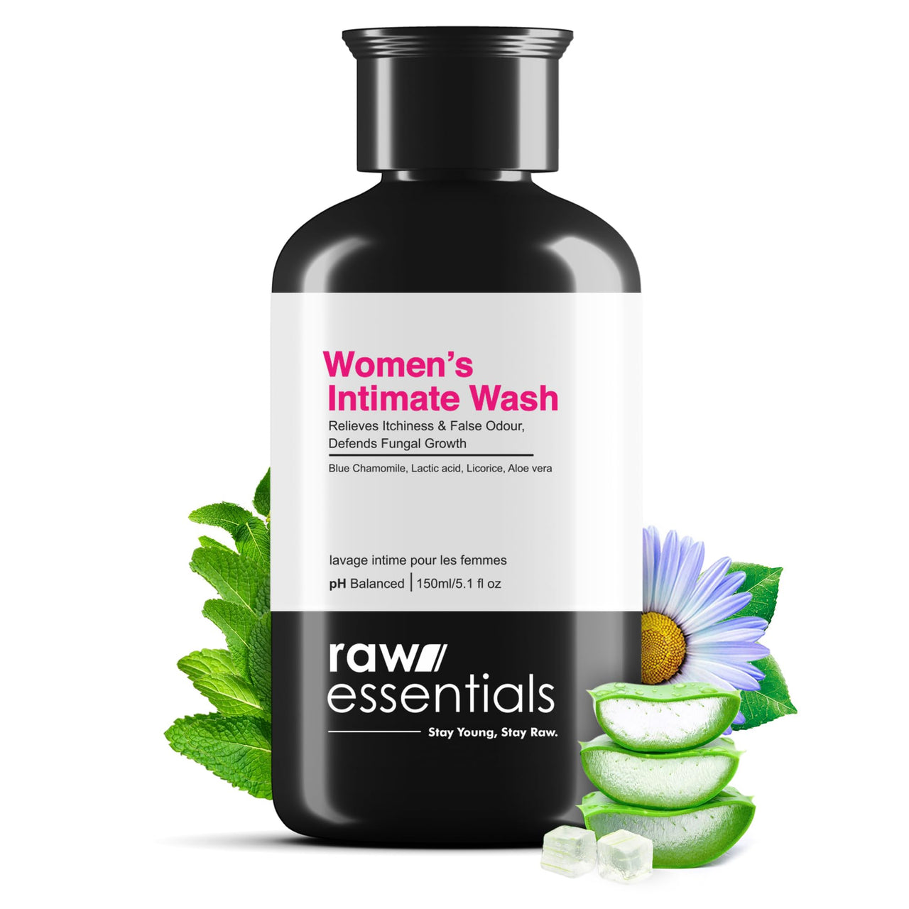 Raw Essentials Intimate Wash For Women 150 ml - For Gentle Intimate Hygiene | Removes Odour | Lightens Inner Thighs | Balances pH Level | SLS & Paraben Free | Natural Active Ingredients