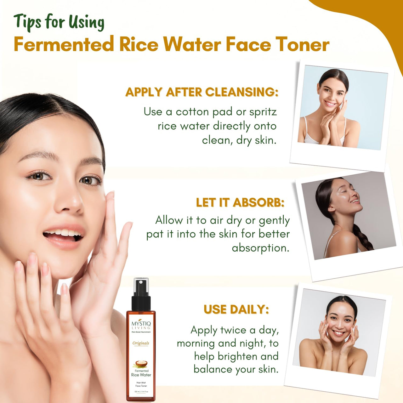 Mystiq Living Fermented Rice Water Toner Spray | 100% Pure Organic Doon Basmati Rice | Quick Absorbing & Non Sticky for Korean Glass Skin | For All Skin Types