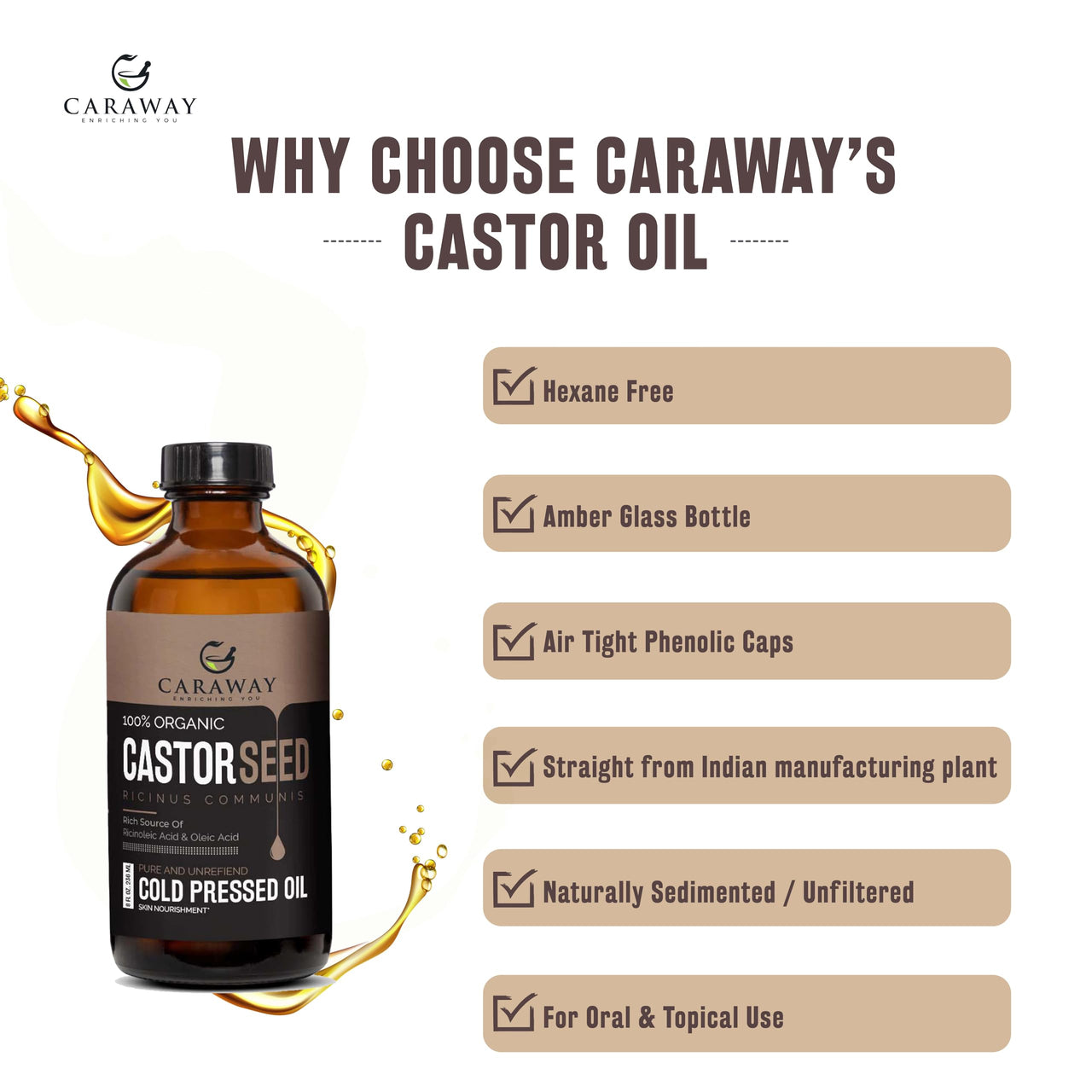 CARAWAY Organic Cold Pressed Castor Oil – Edible for Constipation Relief & Hexane-Free Castor Oil for Hair Growth, liver detox Skin & Joint pain glass bottle – 236 ml / 8 oz