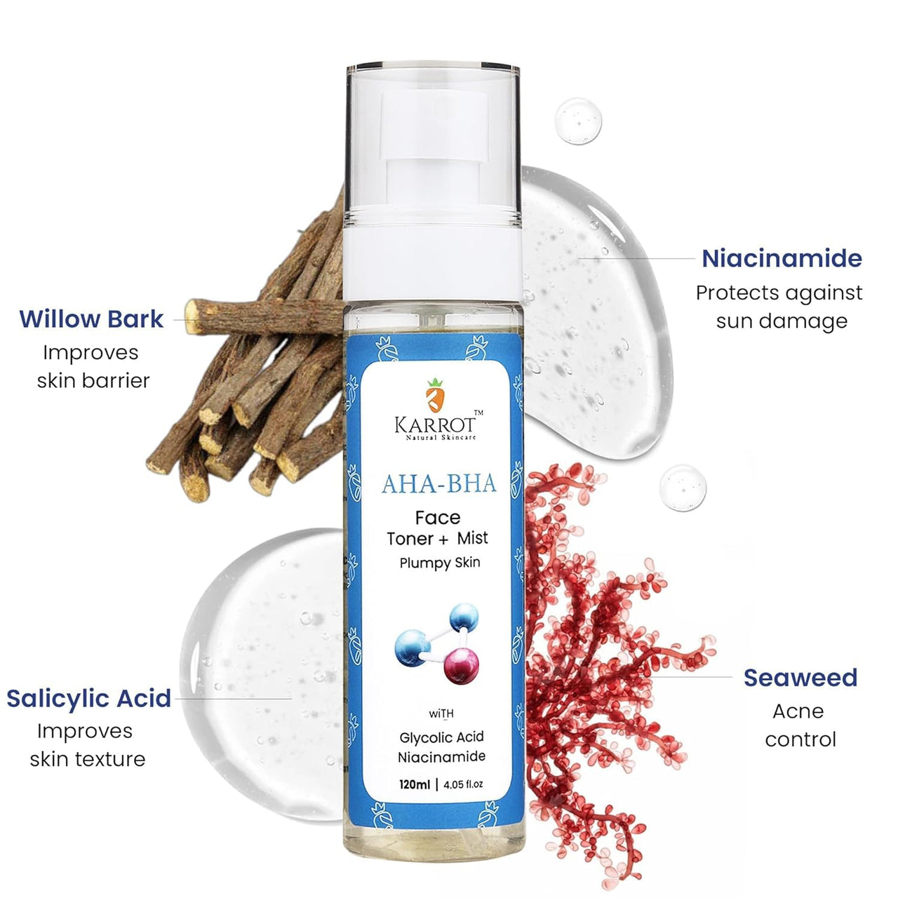 Karrot Natural Skincare AHA BHA Toner, Hydrating Face Spray Mist, Reduces Blackheads and Breakouts, Contains Glycolic Acid, Sulphate and Silicone Free, For Women and Men, All Skin Types, 120ml