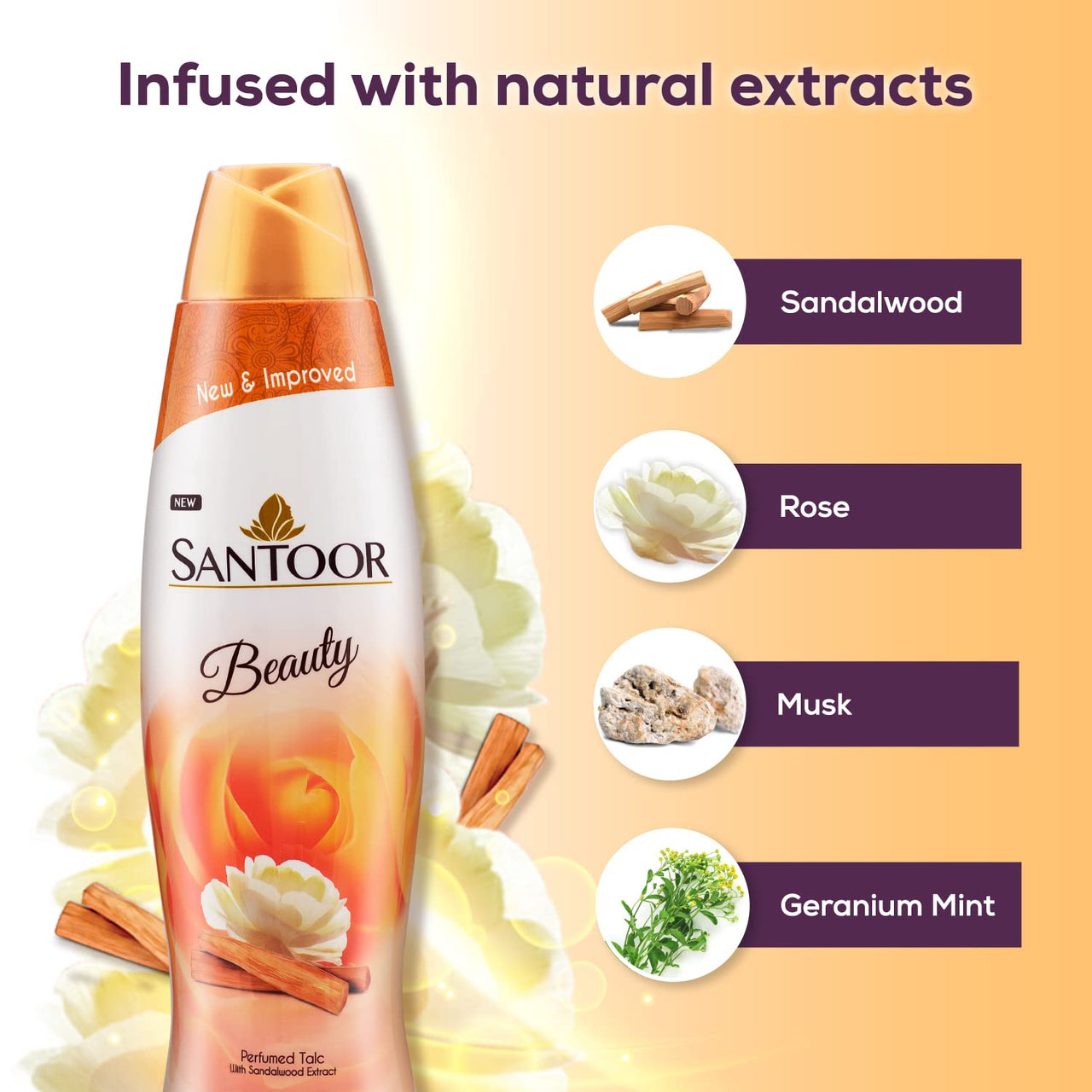 Santoor Beauty Talc with Sandalwood Extracts| Sandal, Rose, Musk & Geranium Mint Fragrance| Absorbs Excess Moisture| Dermatologically Tested| For All Skin Types (400g)