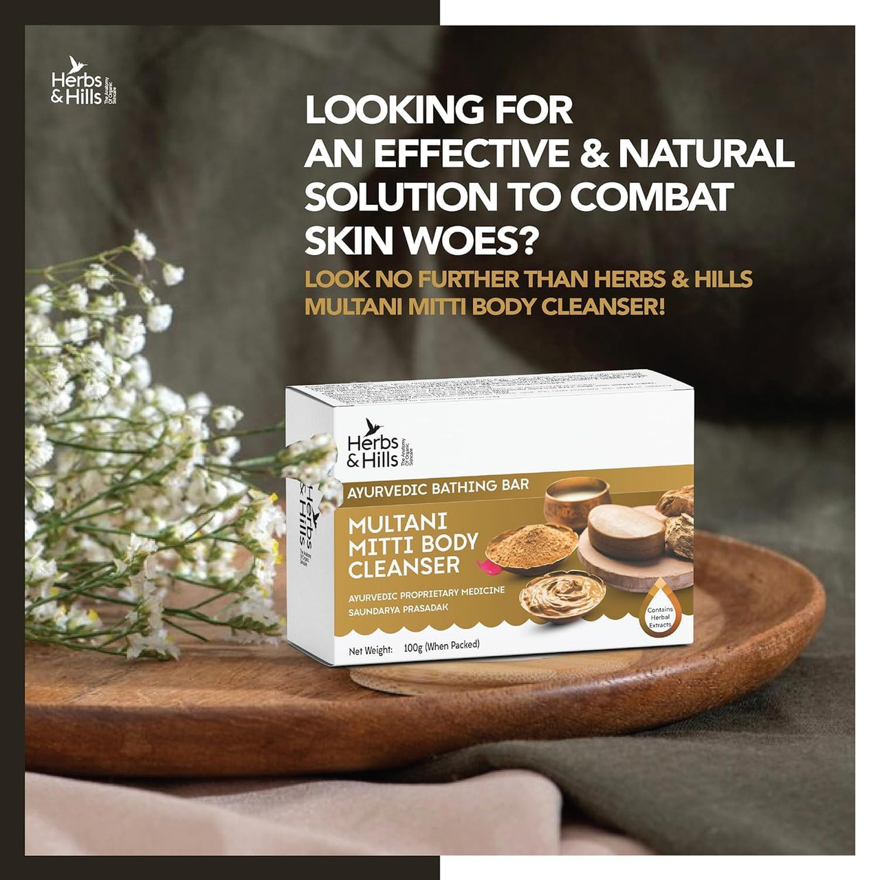 Herbs & Hills Multani Mitti Body Cleanser Pack of 4-100g Each | Gentle Exfoliation for Glowing Skin | Banish Pimples and Scars | Soothe Skin Irritations