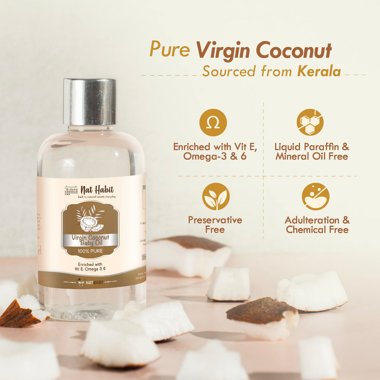 Nat Habit 100% Pure Virgin Coconut Baby Massage Oil For Baby Skin & Hair, Enriched With Vit E & Omega-3, 6 Non-Refined, LLP Free, Chemical & Preservative Free - 100 ml