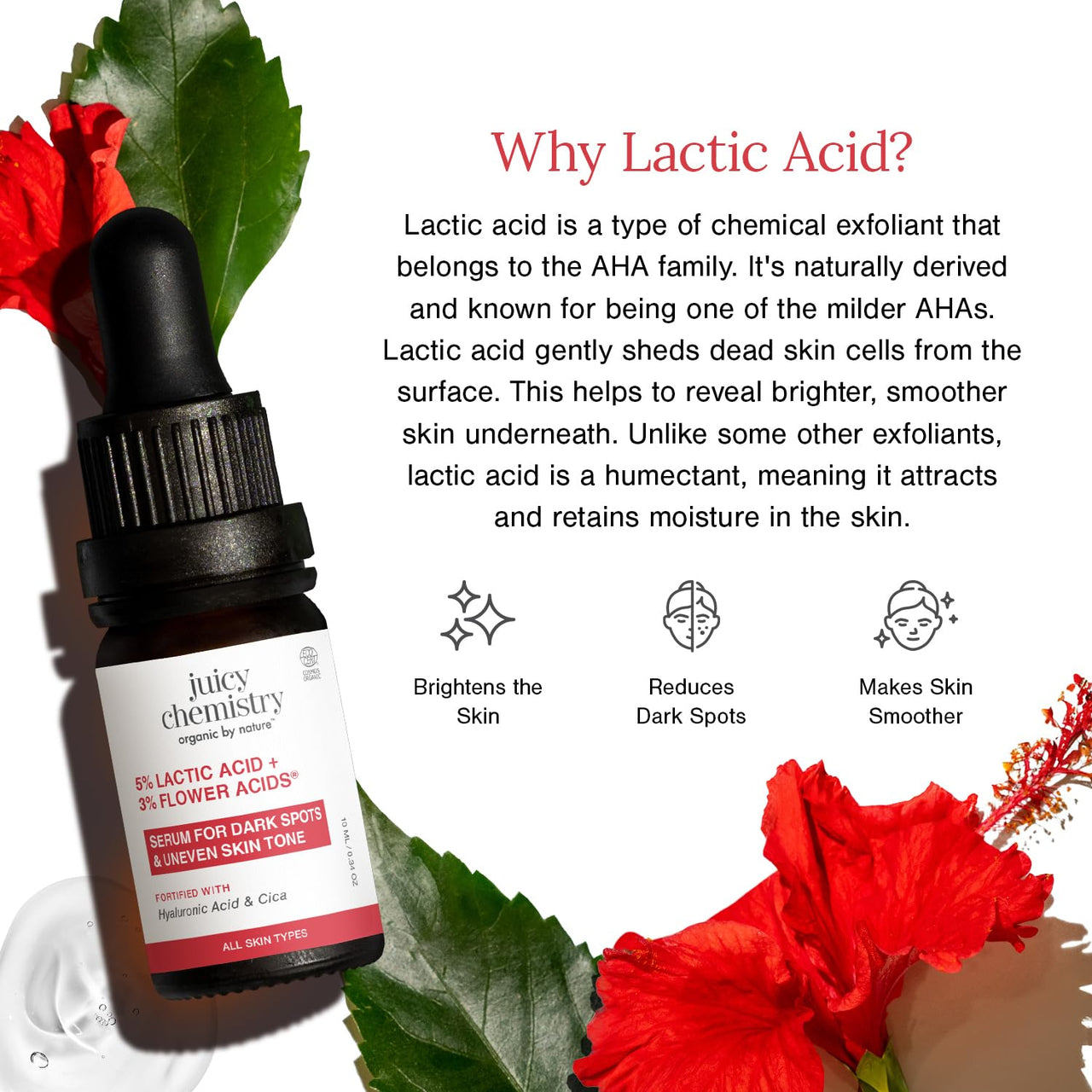 Juicy Chemistry Lactic Acid and Flower Acids Serum, 10 ml, Gentle Exfoliating Serum for Glowing Skin