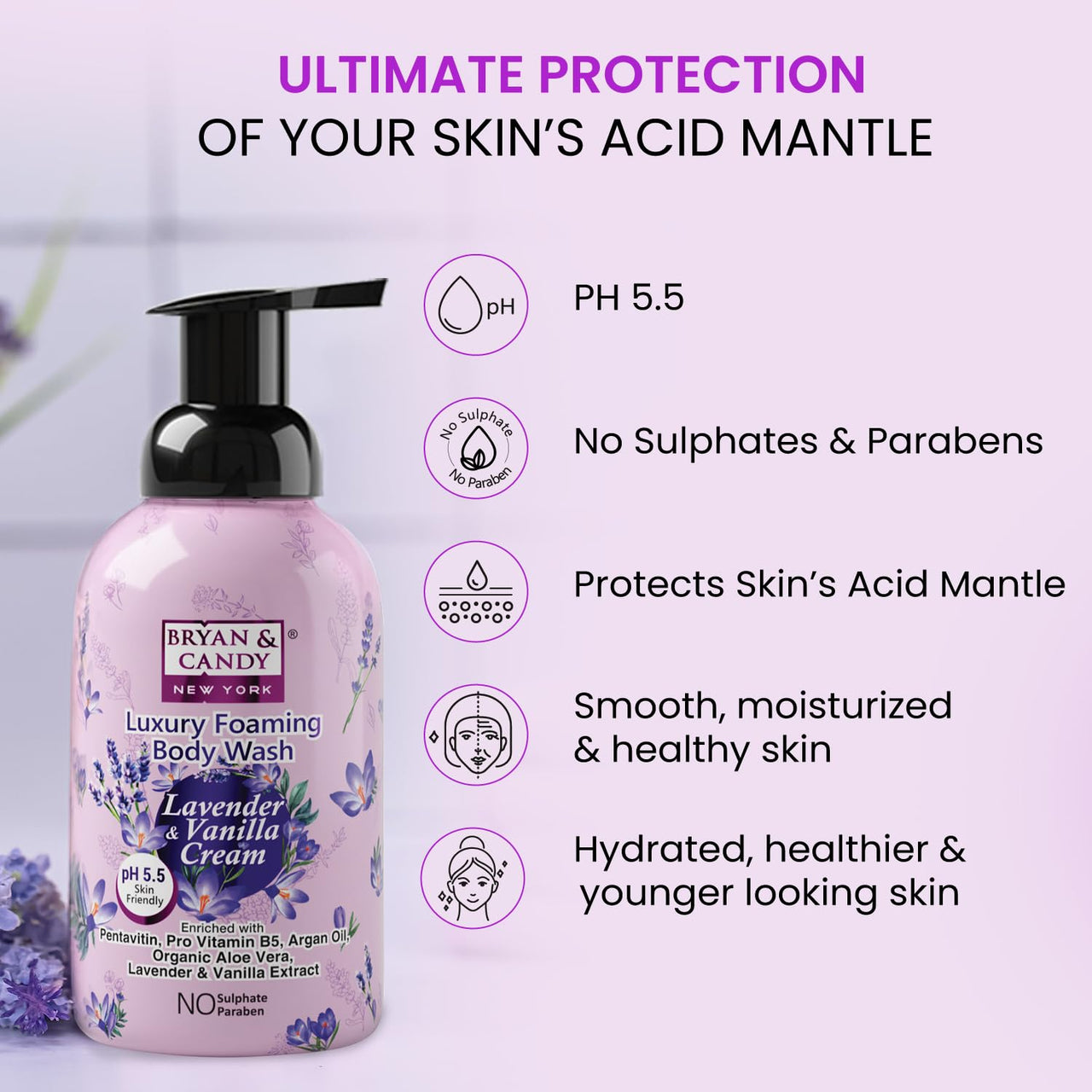 Bryan & Candy Luxury Foaming Body Wash with Pentavitin,Pro Vit B5,Argan Oil,Aloe Vera, Skin Friendly pH 5.5, All Skin Types, 400 Ml (Lavender & Vanilla)