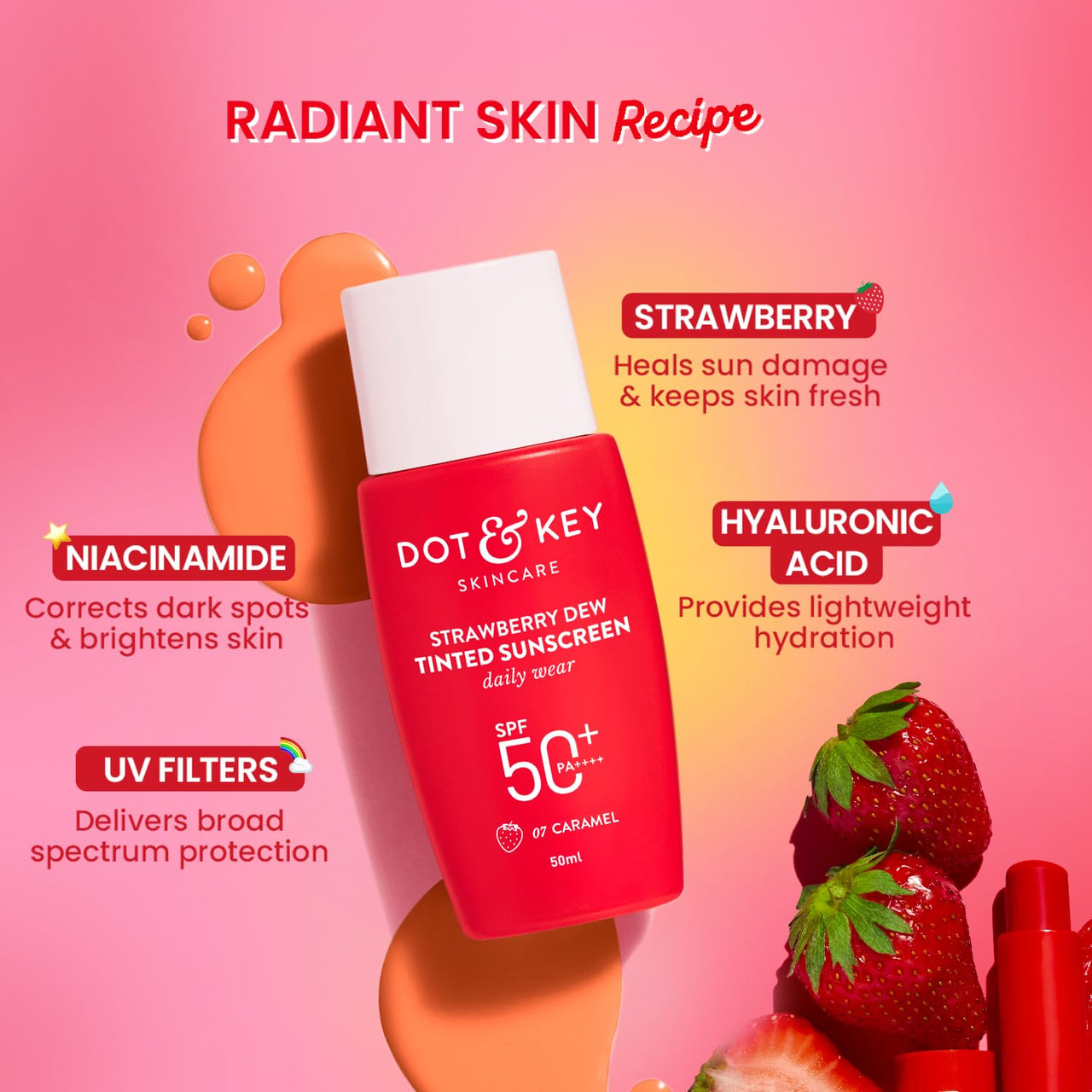 Dot & Key Strawberry Dew Tinted Sunscreen SPF 50+ Pa++++ - 07 Caramel | Protection Against UA/UB | Broad Spectrum, Water & Sweat resistant | For All Skin Types | 50ml