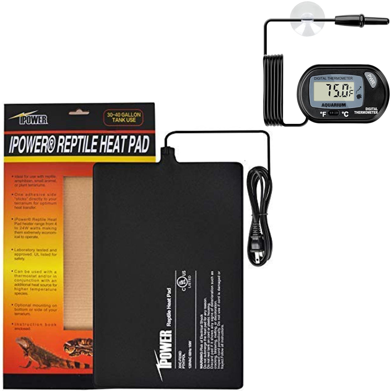 iPower Reptile Heat Pad 4W/8W/16W/24W Under Tank Terrarium Warmer Heating Mat and Digital Thermostat Controller for Turtles Lizards Frogs and Other Small Animals, Multi Sizes 8" x 12" Black/Heat Pad + Thermometer