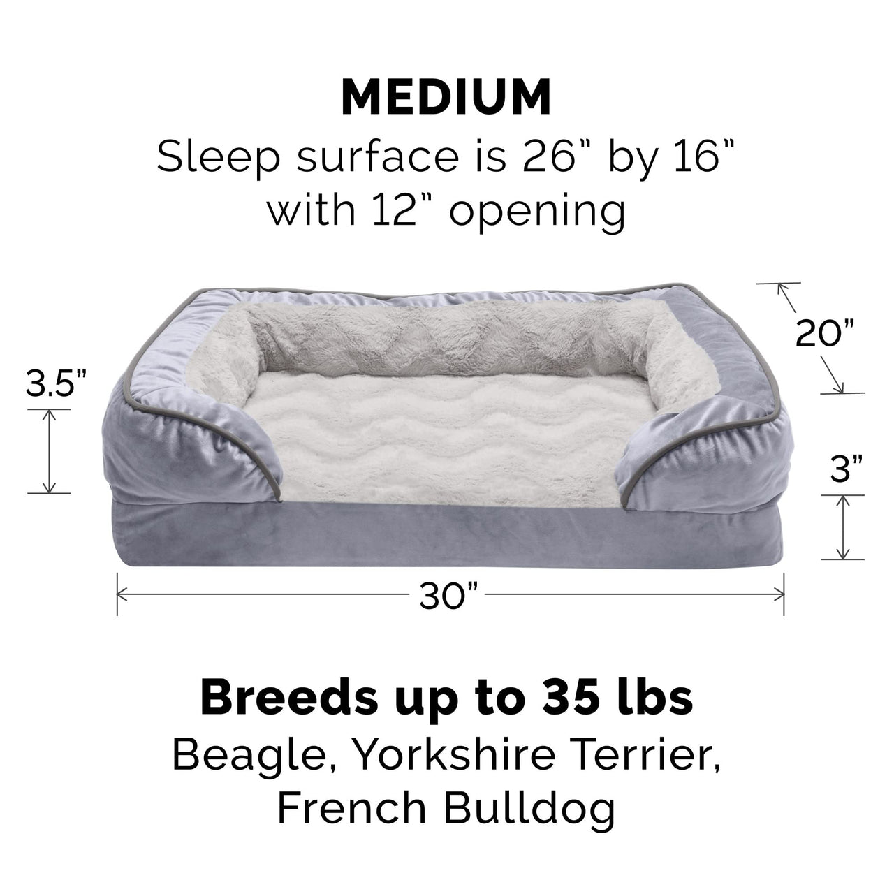 Furhaven Replacement Dog Bed Cover Perfect Comfort Plush & Velvet Waves Sofa-Style, Machine Washable - Granite Gray, Medium Cover Only 30.0"L x 20.0"W x 0.3"Th Sofa - Plush & Velvet Waves (Granite Gray)