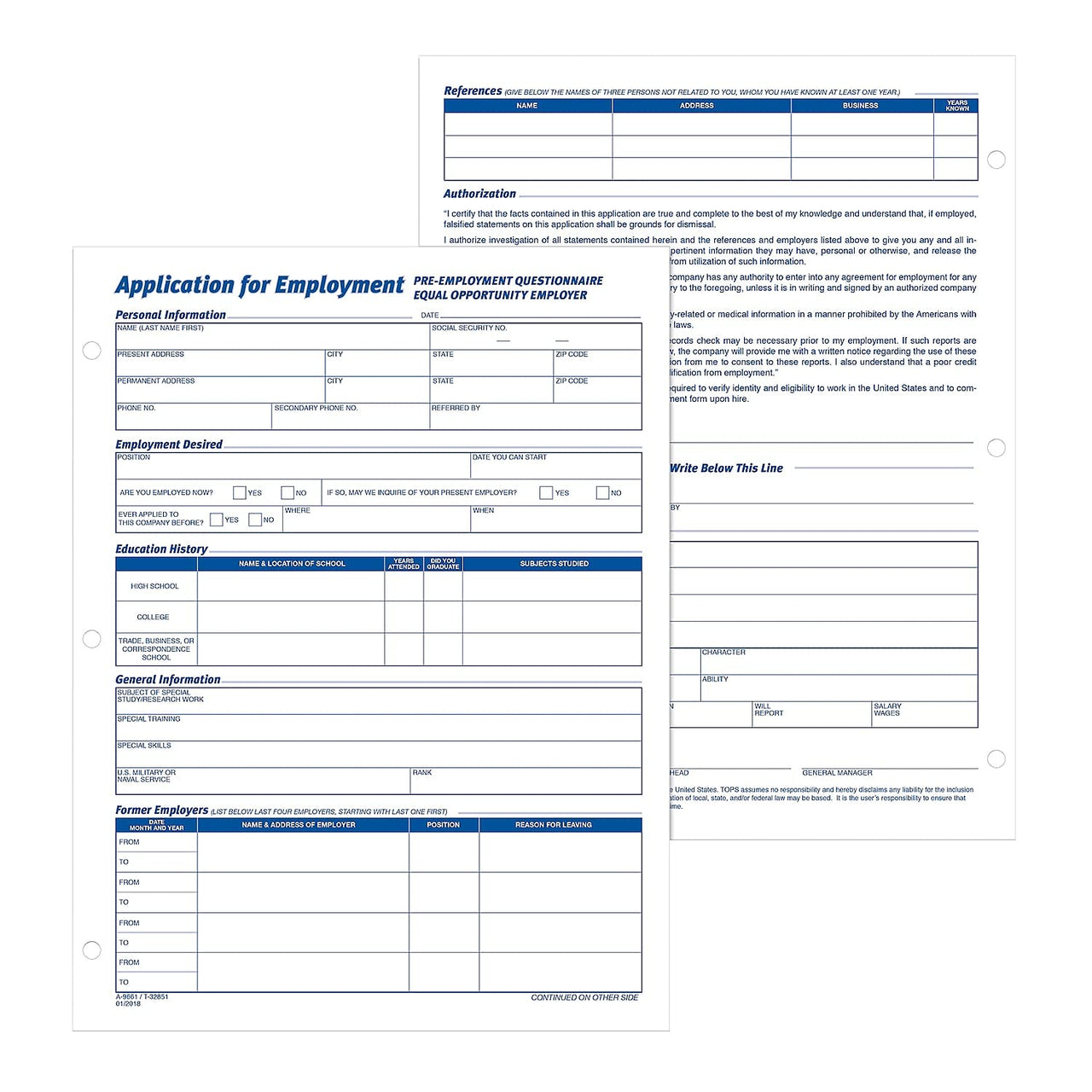 Adams Applications for Employment, 8.5 x 11 Inch, 3-Hole Punched, 50-Sheets/Pack, 2-Pack, White (9661)
