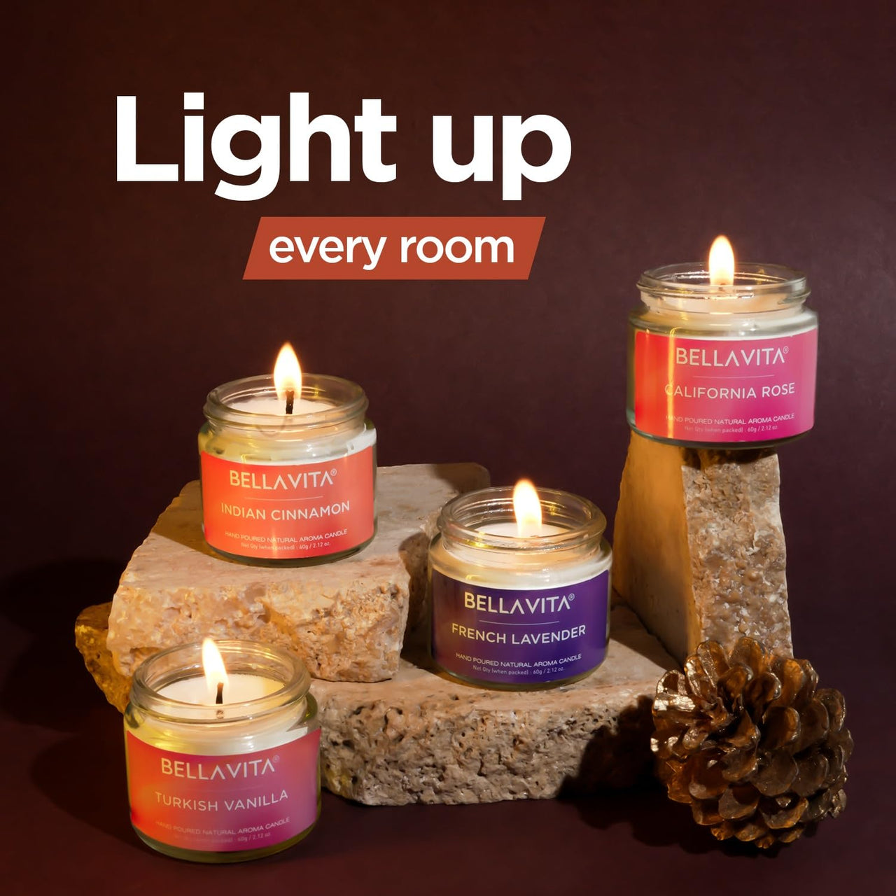 Bella Vita Organic Soy Wax Aroma Candles Set Of 4 Scented Aromatic Fragrance Vanilla, Cinnamon, Lavender & Rose For Gifting Home, 60 Gms Each,Up To 15 Hours Burn Time